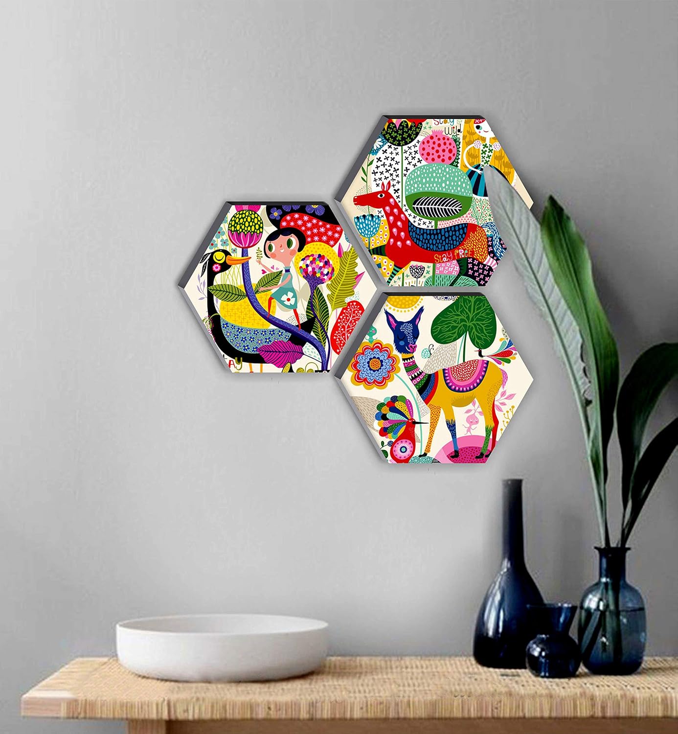 SAF Wood Set Of 3 Hexagon Kid'S Room Decor Modern Art 6Mm Mdf Uv Textured Home Decorative Gift Item 12 Inch X 12 Inch Abstract Painting Sanfhx17
