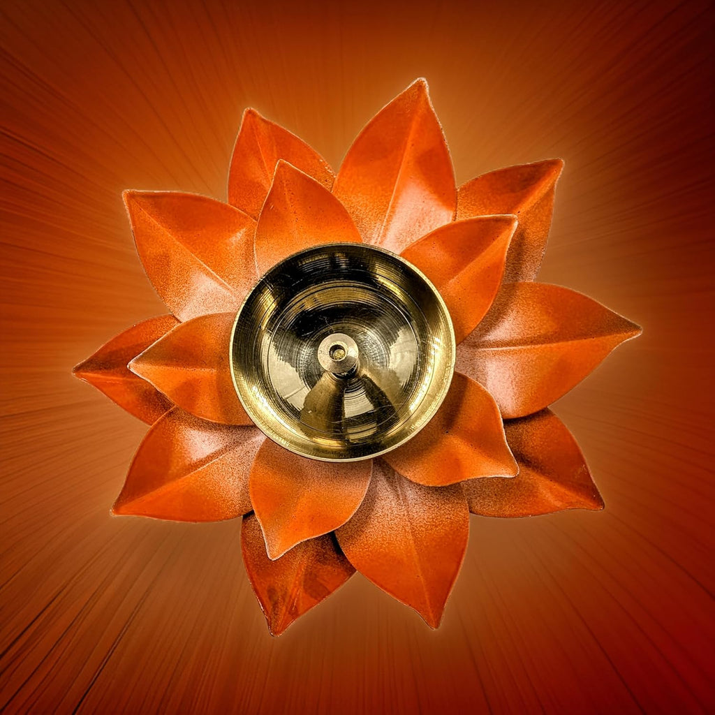 EIN SOF Brass Diyas for Puja – Lotus Lamps for Home & Diwali Decoration, Akhand Jyoti Stand with Gift Cover, 5 inches Kamal Design Pooja Oil & Camphor Diya, Blue Orange Pink & Yellow, Pack of 4