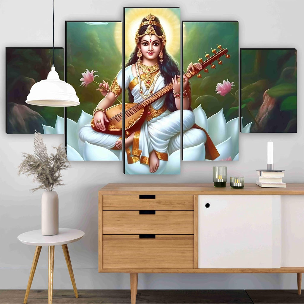 SAF Saraswati ma Paintings for Wall Decoration - Set Of Five, 3d modern art Painting for Living Room Large Size with Frames for Home Decoration, Hotel, Office 76.2 cm x 45 cm SANFPNLS35481