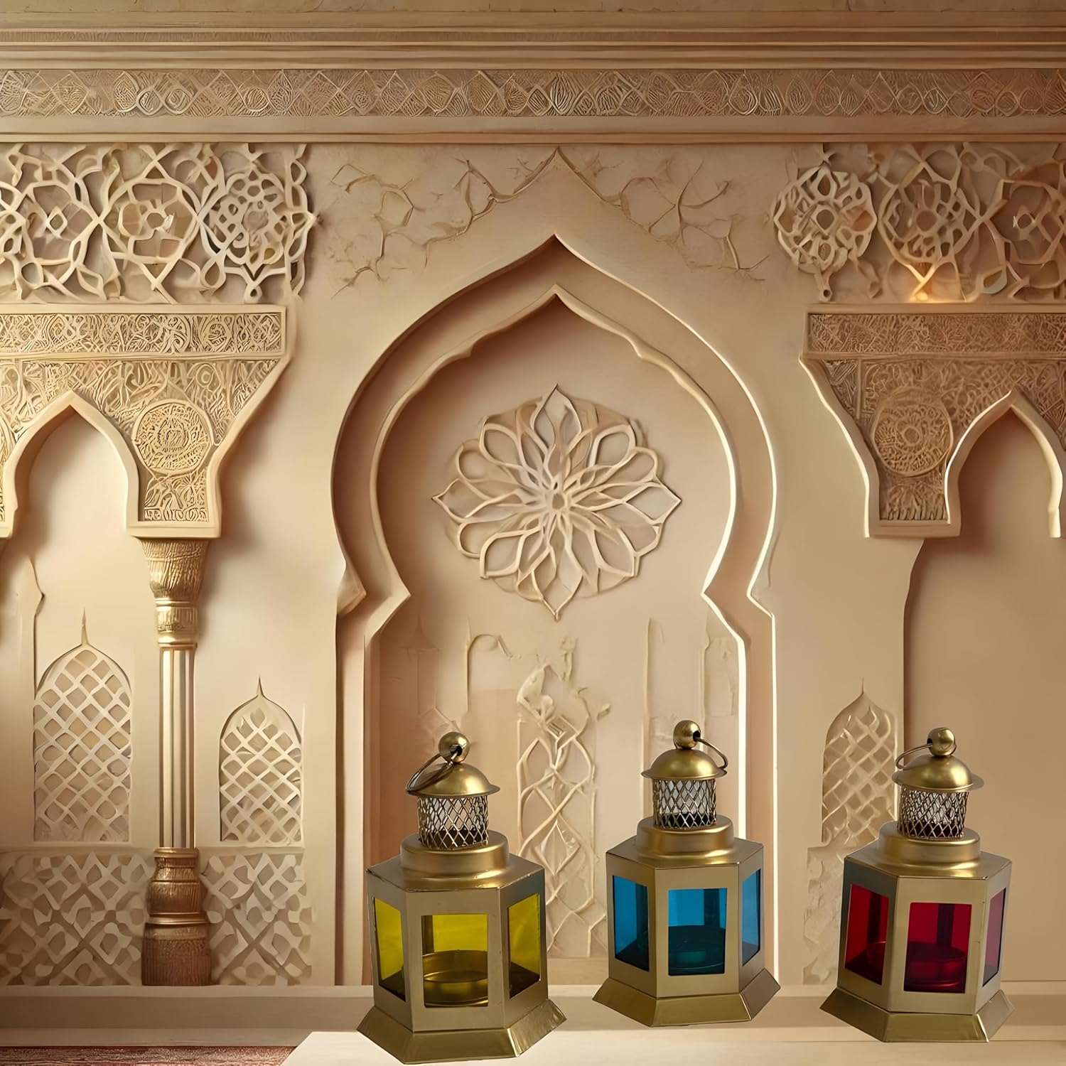 K.N Creation Stylish Moroccan Iron Hanging Lantern Tealight Candle Holder with Colored Glass | Perfect for Home & Office Diwali, Christams Decorations - Golden & Red