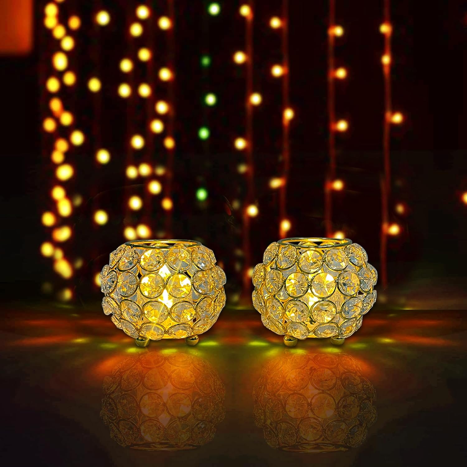 CentraLit Decoartive Tea Light Crsytal Candle Holder - Pooja Diya Decoration Items Home Diwali Brass Puja Item - Diwali Gift Lantern (Pack of 2)