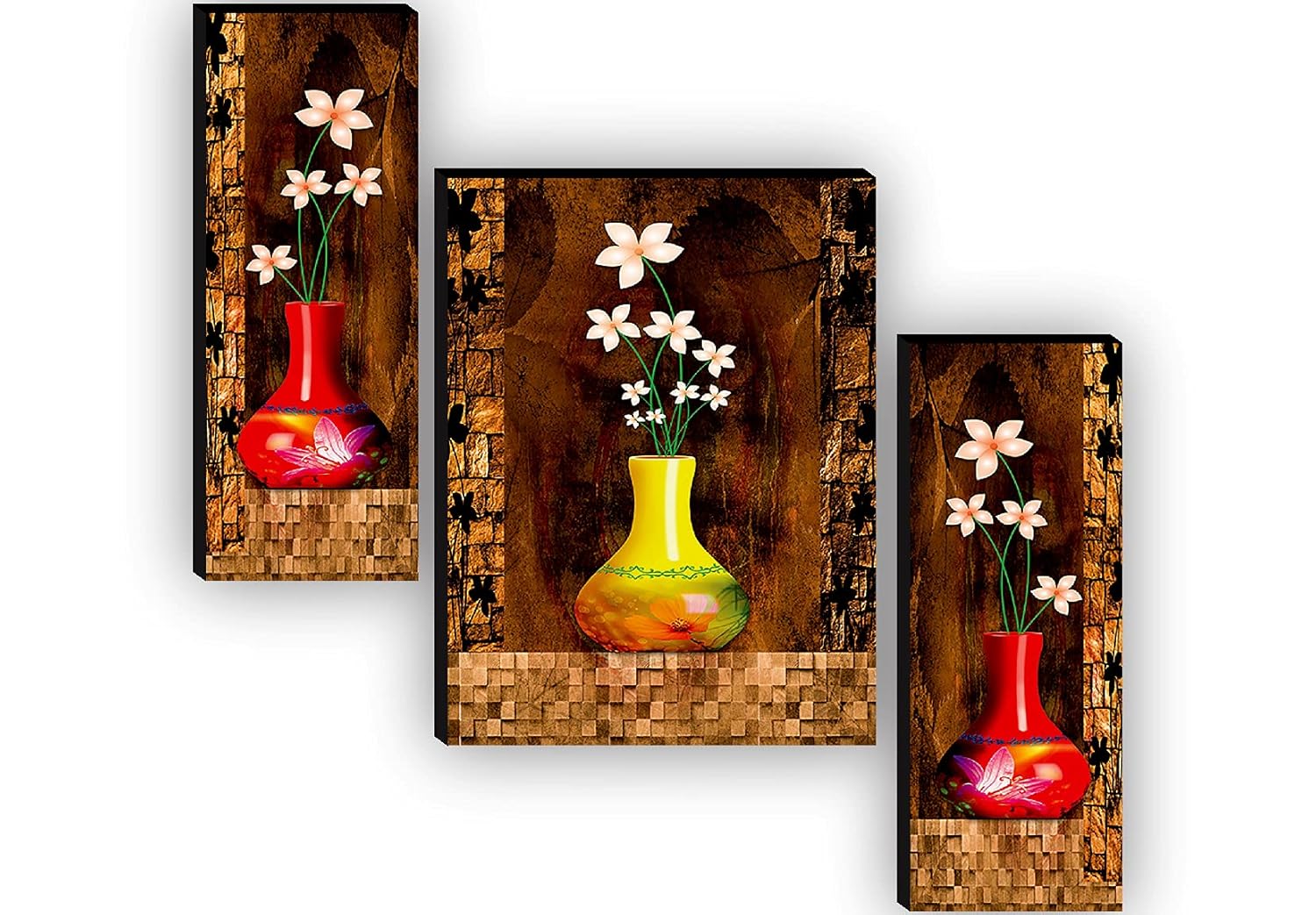 SAF Set of 3 Preety Flower Pot UV Textured Self adeshive Home Decorative Gift Item Painting 18 Inch X 12 Inch SAF-JM4951(color2,Religious;Figures;Floral)