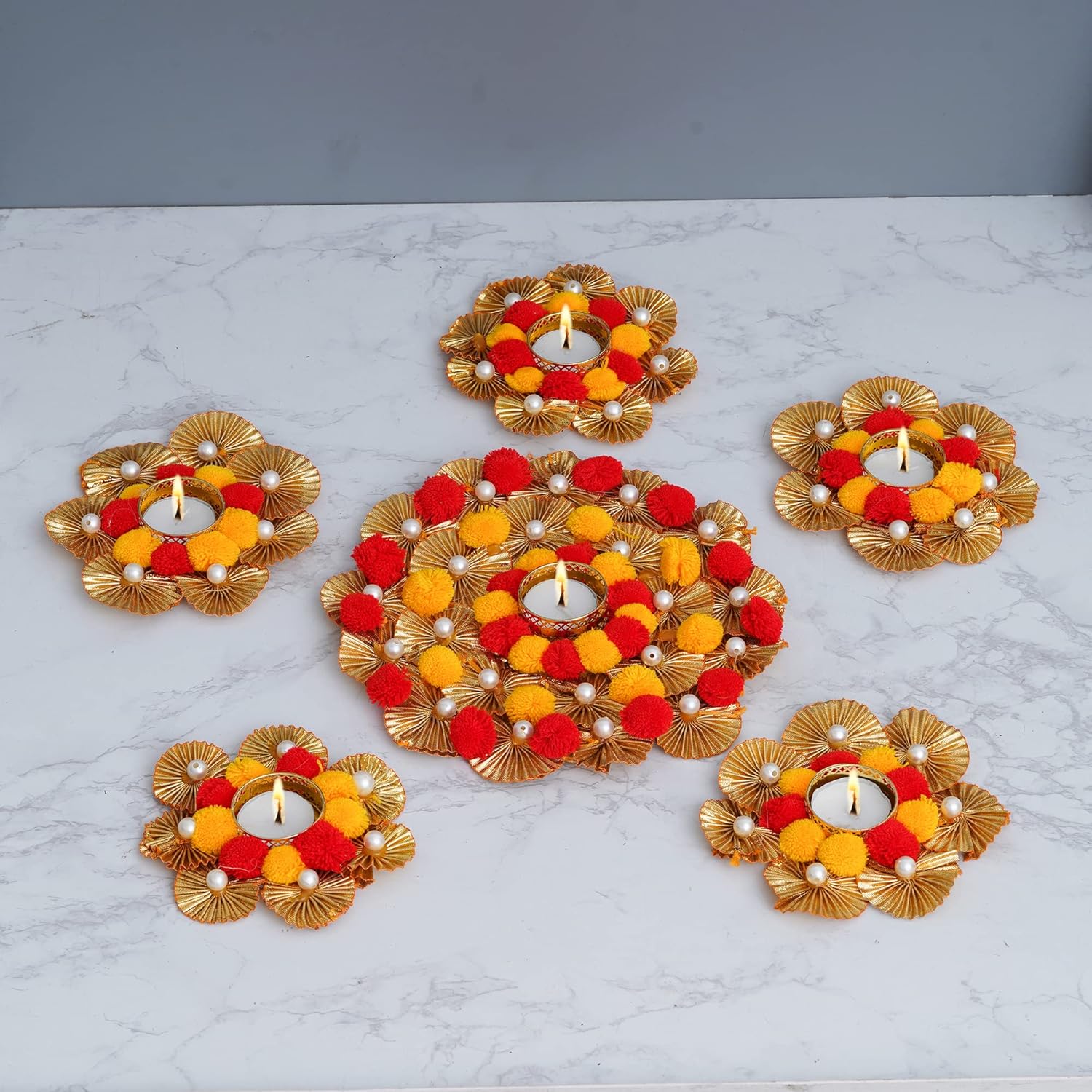 Sanvatsar Home Decorative Rangoli & Diya Set | Corporate Gift, Diwali Gift, Diya for puja Home Decoration Light Diya, Christmas Candle, Lighting, New Year Candle Set of 6 (Yellow & Red)