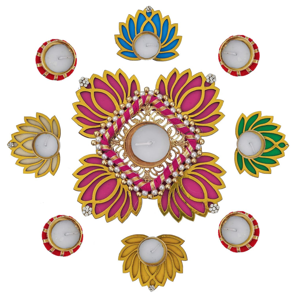 Sanvatsar Home Decorative Lotus Rangoli & Lotus Diya Set | Corporate Gift, Diwali Gift, Diya for puja Home Decoration Light Diya, Christmas Candle, Lighting, New Year Candle Set of 9.
