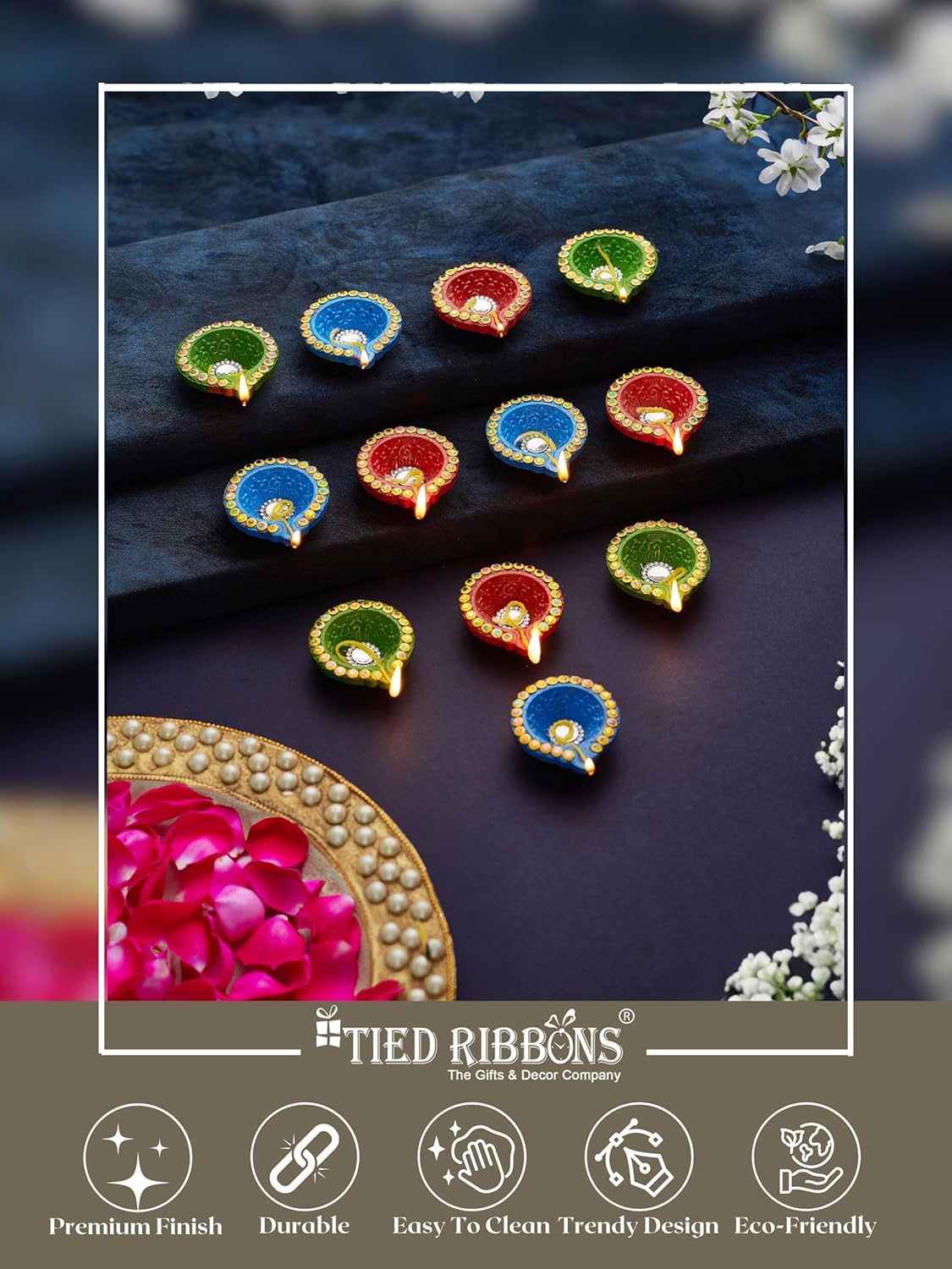 TIED RIBBONS Set of 18 Handmade Clay Diwali Diyas Earthen Oil Lamp Large Diwali Diya for Diwali Decoration Home Puja Office Pooja Room Mandir Temple Table Dipawali Decor Items (Multi, 6 cm x 2 cm)