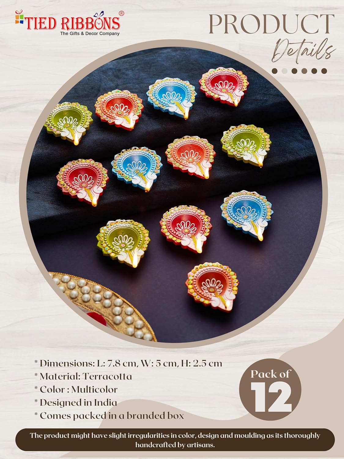 TIED RIBBONS Pack of 12 Diwali Diya Set - Large Size Clay Terracotta Diwali Diya Set Earthen Oil Ghee Diyas for Diwali - Diwali Decoration Items for Home Decor (Multicolor, 7.8 cm x 2.5 cm)