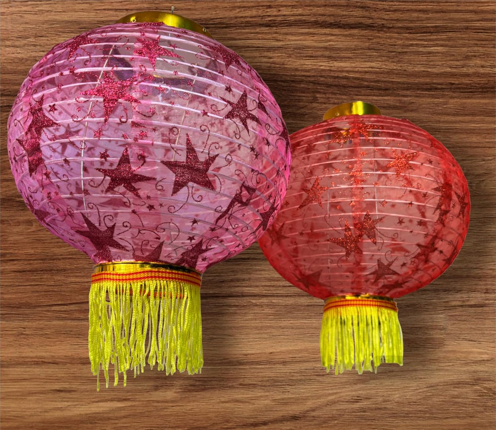 PartySanthe Star Print Pack of 1pc Cloth Diwali Hanging Lantern Handmade Traditional Festive Lantern Round 12inch - Random Design and Random Color Any 1pc