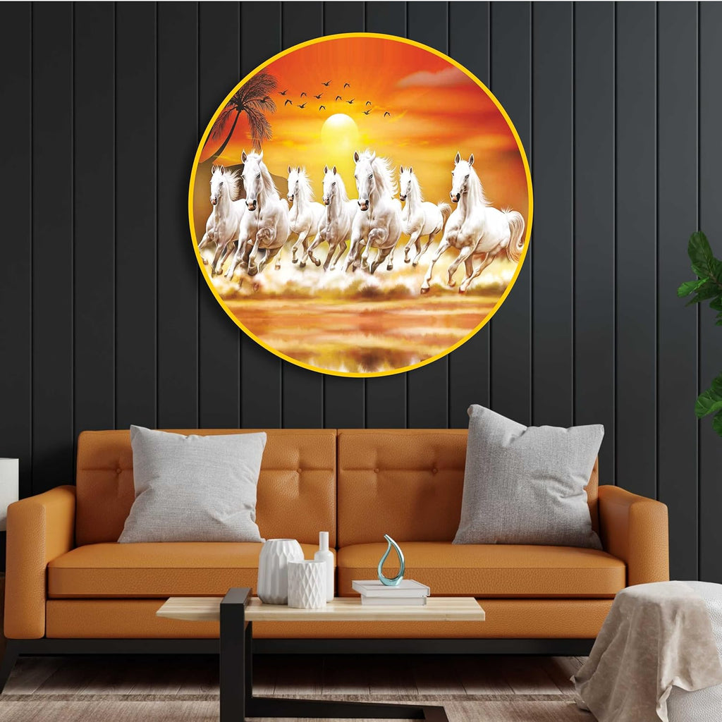 SAF Paintings 7 Running Horses Modern Art Premium Sparkle Lamination Golden Slim Frame 58 cm x 58 cm Large Size, for Home/Office/Hotel Painting GR-173