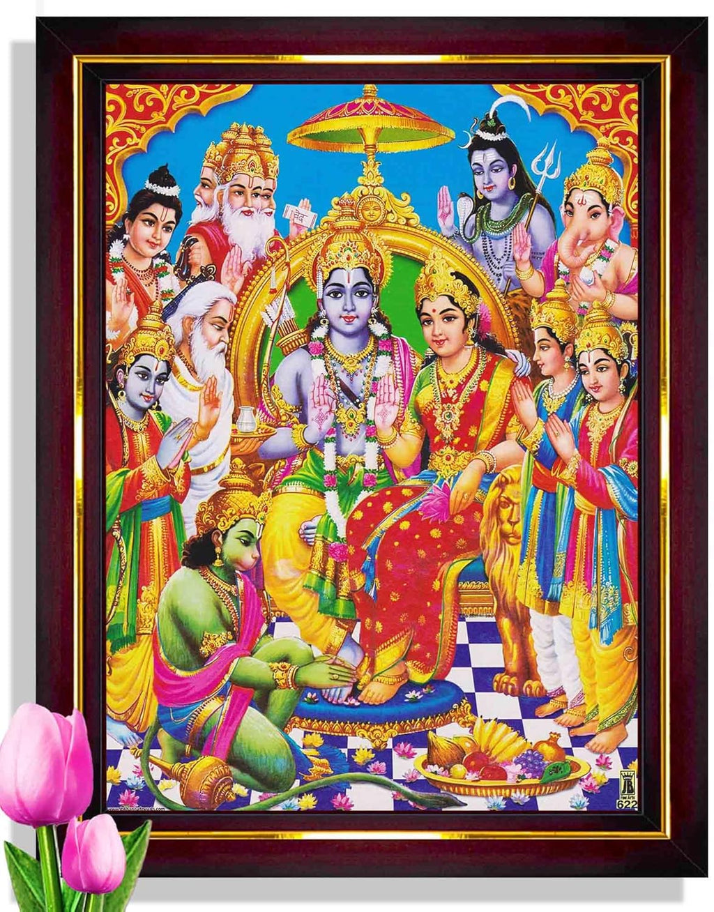 Pavan Photo Laminations Ram Darbar Lord Shri Rama Sita Parivar Family Wall Painting Framed Home Decor (Wood,Matte,Brown,Small Size,6 x 8 Inch) B745S