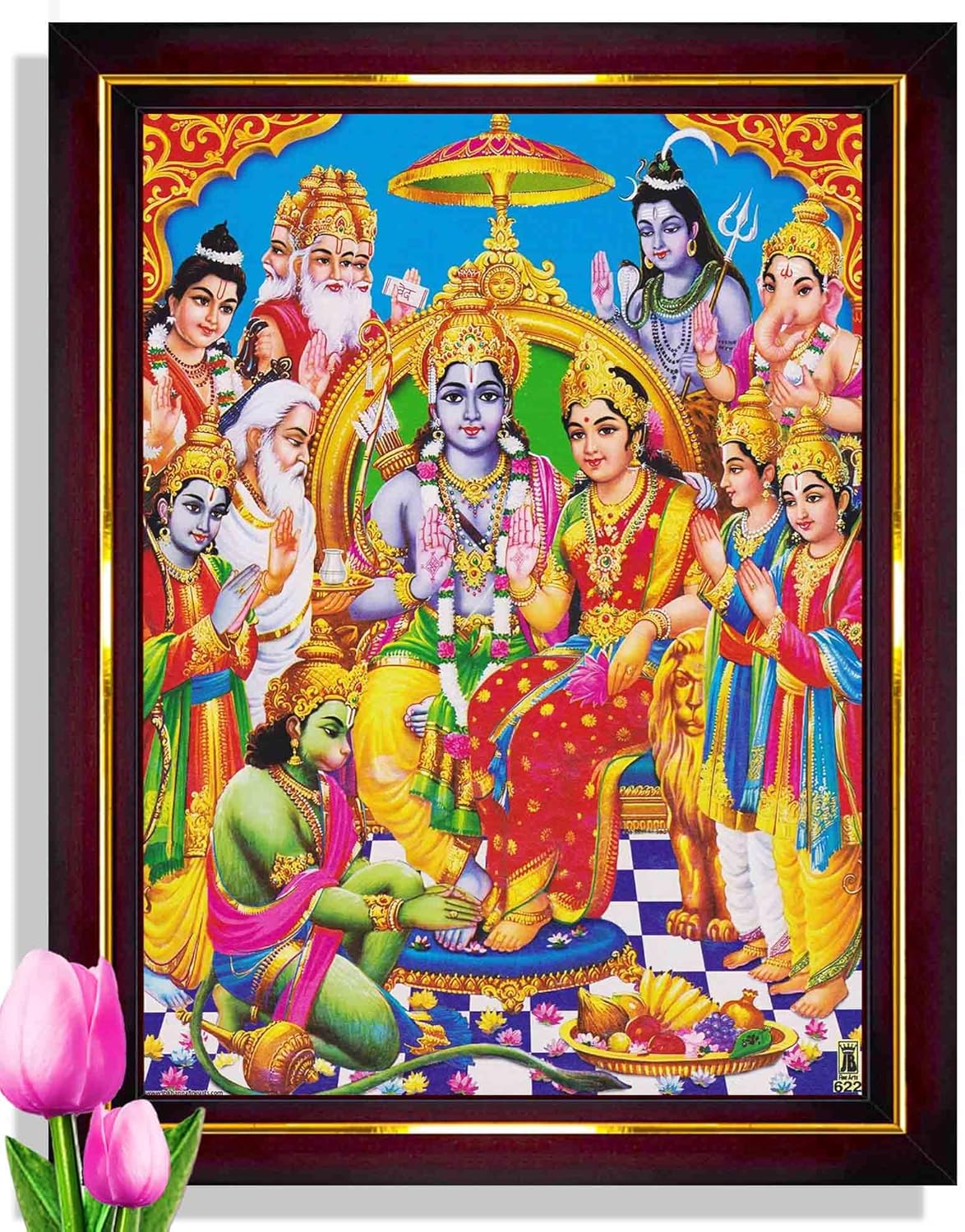 Pavan Photo Laminations Ram Darbar Lord Shri Rama Sita Parivar Family Wall Painting Framed Home Decor (Wood,Matte,Brown,Small Size,6 x 8 Inch) B745S