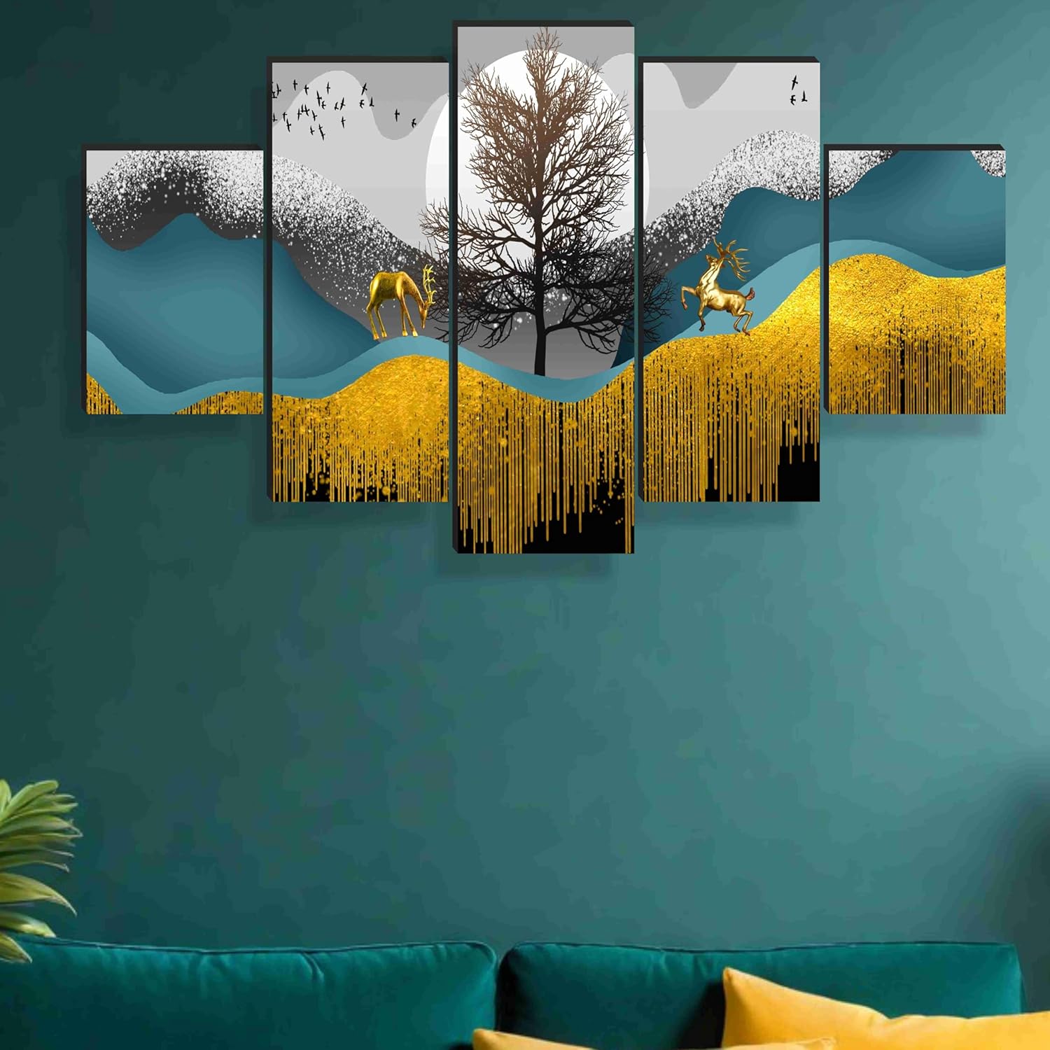 SAF Deer Paintings for Wall Decoration - Set Of Five, 3d Scenery Vastu Painting for Living Room Large Size with Frames for Home Decoration, Hotel, Office 76.2 cm x 45 cm SANFPNLS35462