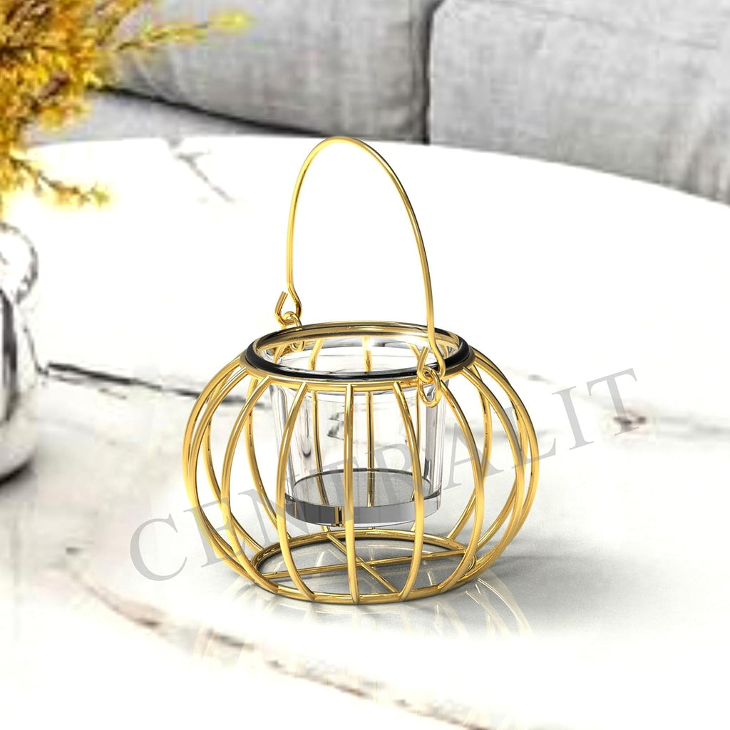 CentraLit Home Decor Items -Hanging Lantern With Glass Tea Light Candle - Diwali Diya Decor Puja Items - Return Gift For House Warming Ceremony- Varalakshmi Pooja Room Decor Pack Of 2 (Gold)