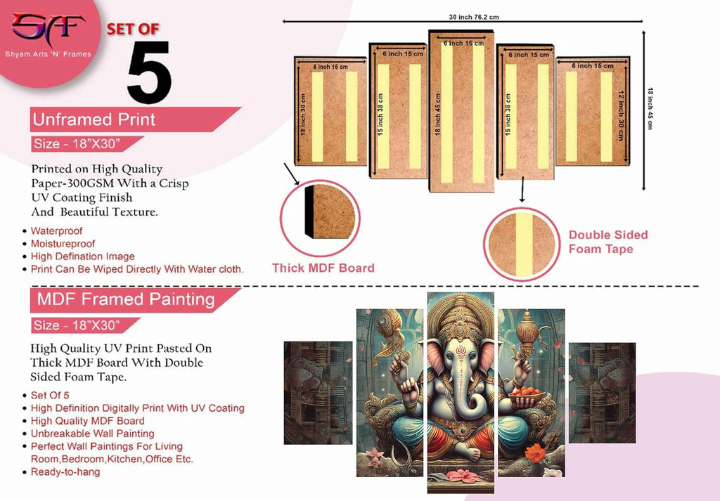 SAF Ganesha Paintings for Wall Decoration - Set Of Five, 3d modern art Painting for Living Room Large Size with Frames for Home Decoration, Hotel, Office 76.2 cm x 45 cm SANFPNLS35467