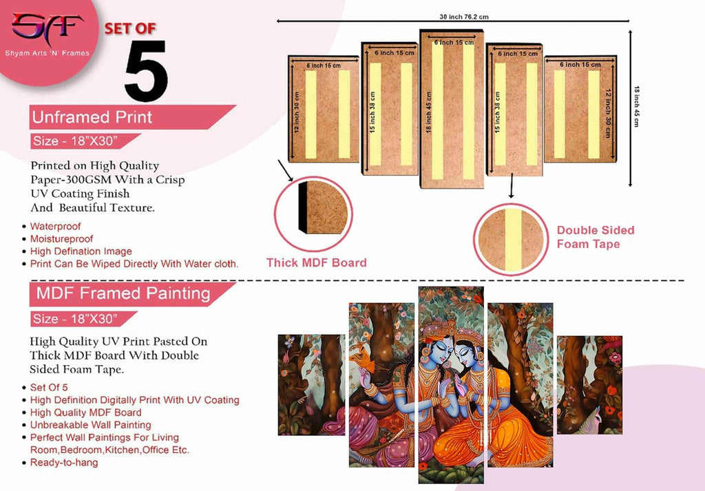Saf Radha Krishna Paintings For Wall Decoration-Set Of Five,3D Modern Art Painting For Living Room Large Size With Frames For Home Decoration,Hotel,Office 76.2 Cm X 45 Cm Sanfpnls35465-Engineered Wood