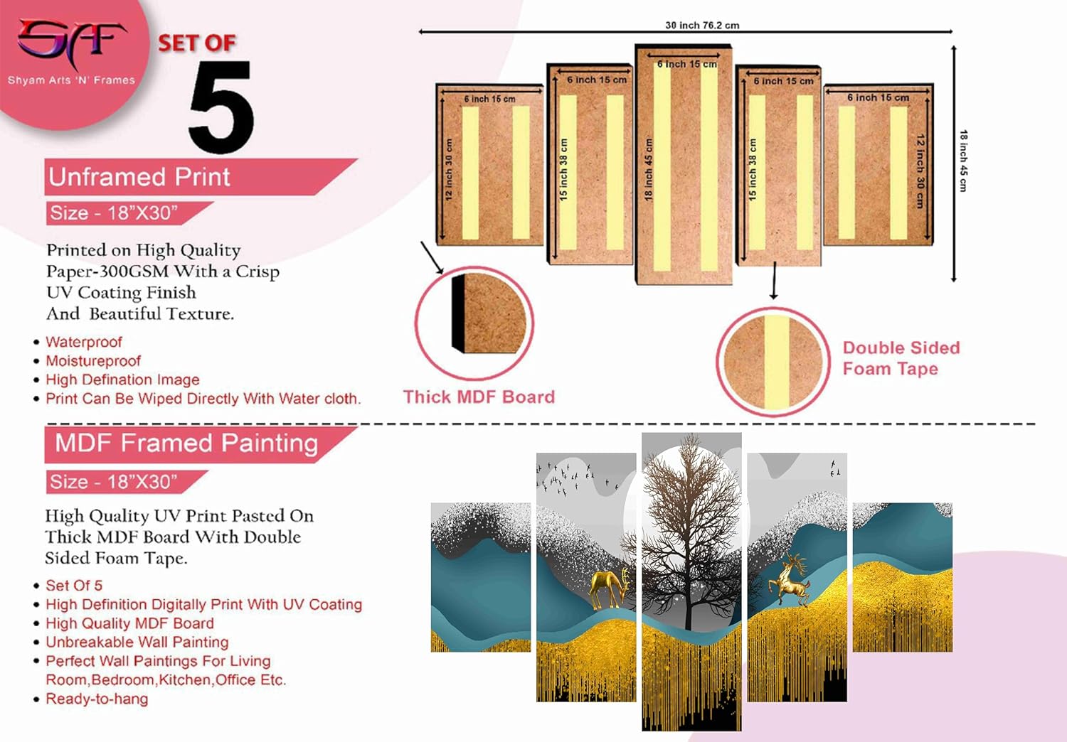 SAF Deer Paintings for Wall Decoration - Set Of Five, 3d Scenery Vastu Painting for Living Room Large Size with Frames for Home Decoration, Hotel, Office 76.2 cm x 45 cm SANFPNLS35462