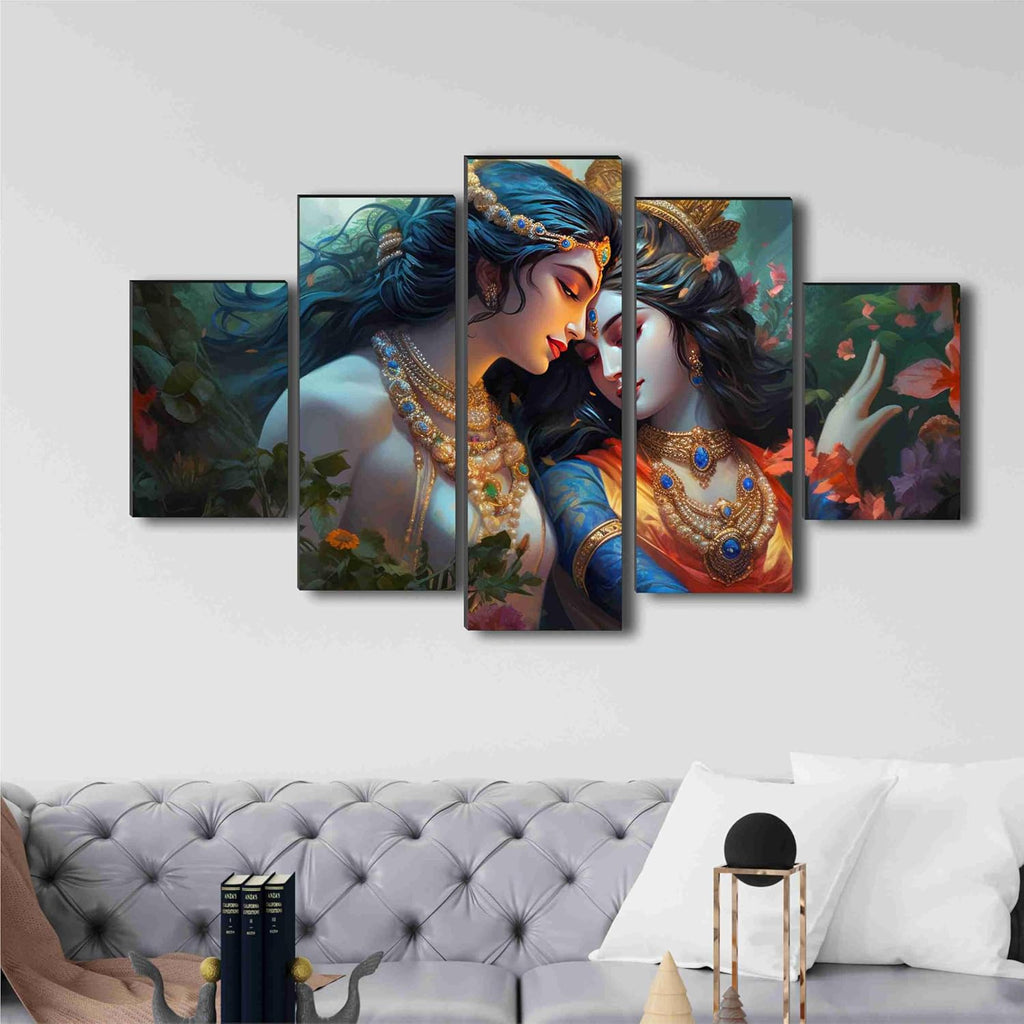 SAF Radha krishna Paintings for Living Room | Painting for Wall Decoration | 3D Wall Art for Bedroom | Radha krishna Religious Wall Painting Set of 5 (75 x 45 cms) SANFPNLS35490