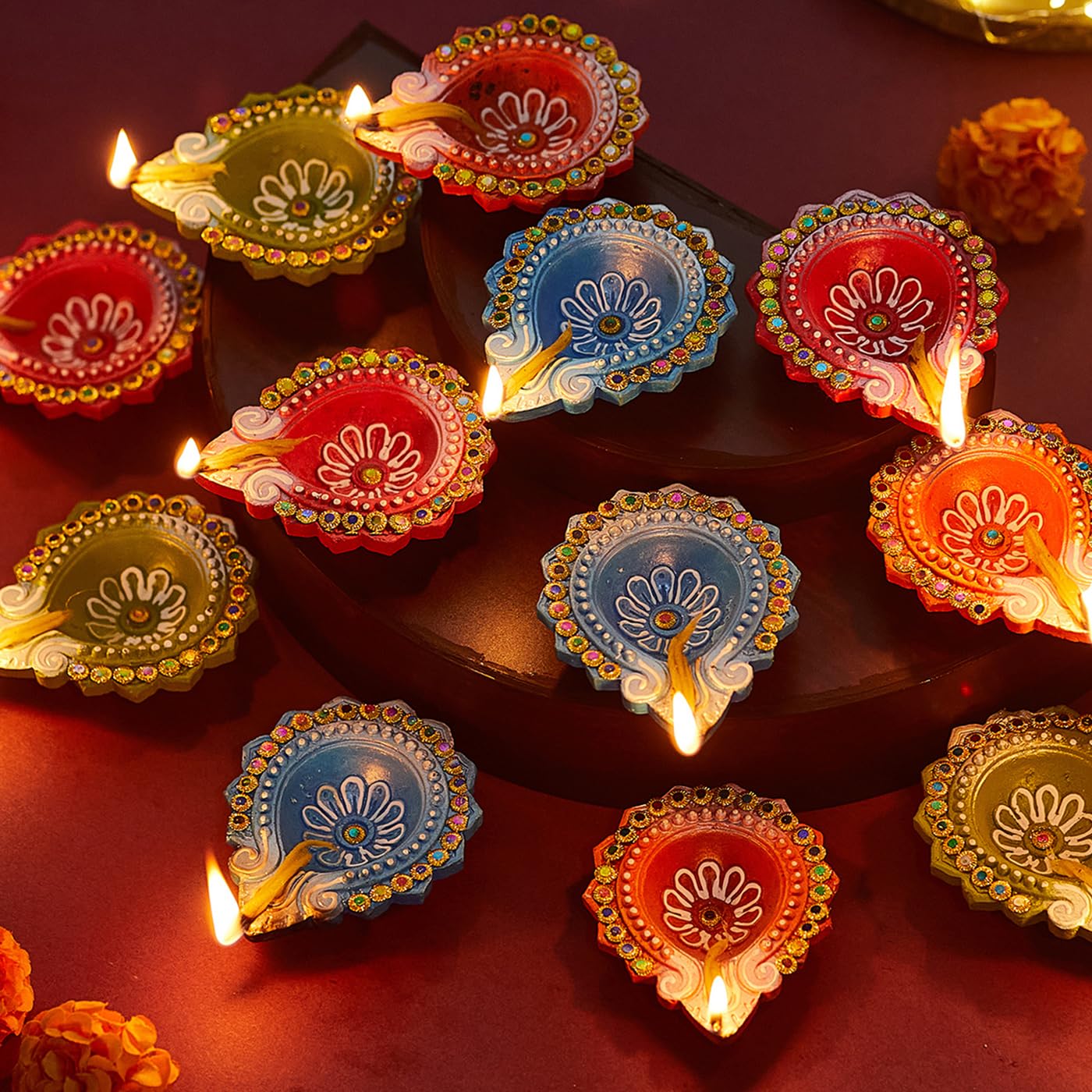 TIED RIBBONS Pack of 12 Diwali Diya Set - Large Size Clay Terracotta Diwali Diya Set Earthen Oil Ghee Diyas for Diwali - Diwali Decoration Items for Home Decor (Multicolor, 7.8 cm x 2.5 cm)