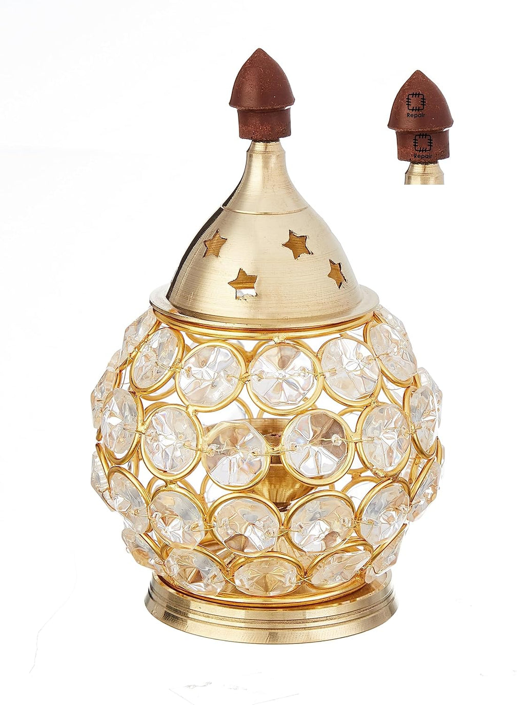 Amazon Brand - Solimo Akhand Diya/Oil Lamp for Puja, Home Décor and Diwali, Matki Shape, Brass-and-Crystal (Medium)