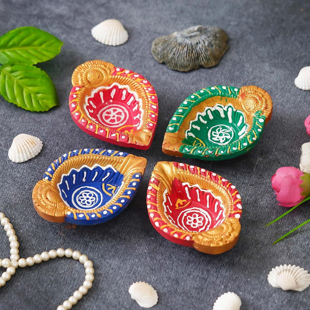 eCraftIndia Set of 4 Multicolor Decorative Clay Diyas Terracotta Deepam Oil Lamps, Mitti Diya for Diwali, Lakshmi Puja, Navratri, Ganesh Chaturthi - Diwali Decoration Items for Home Decor