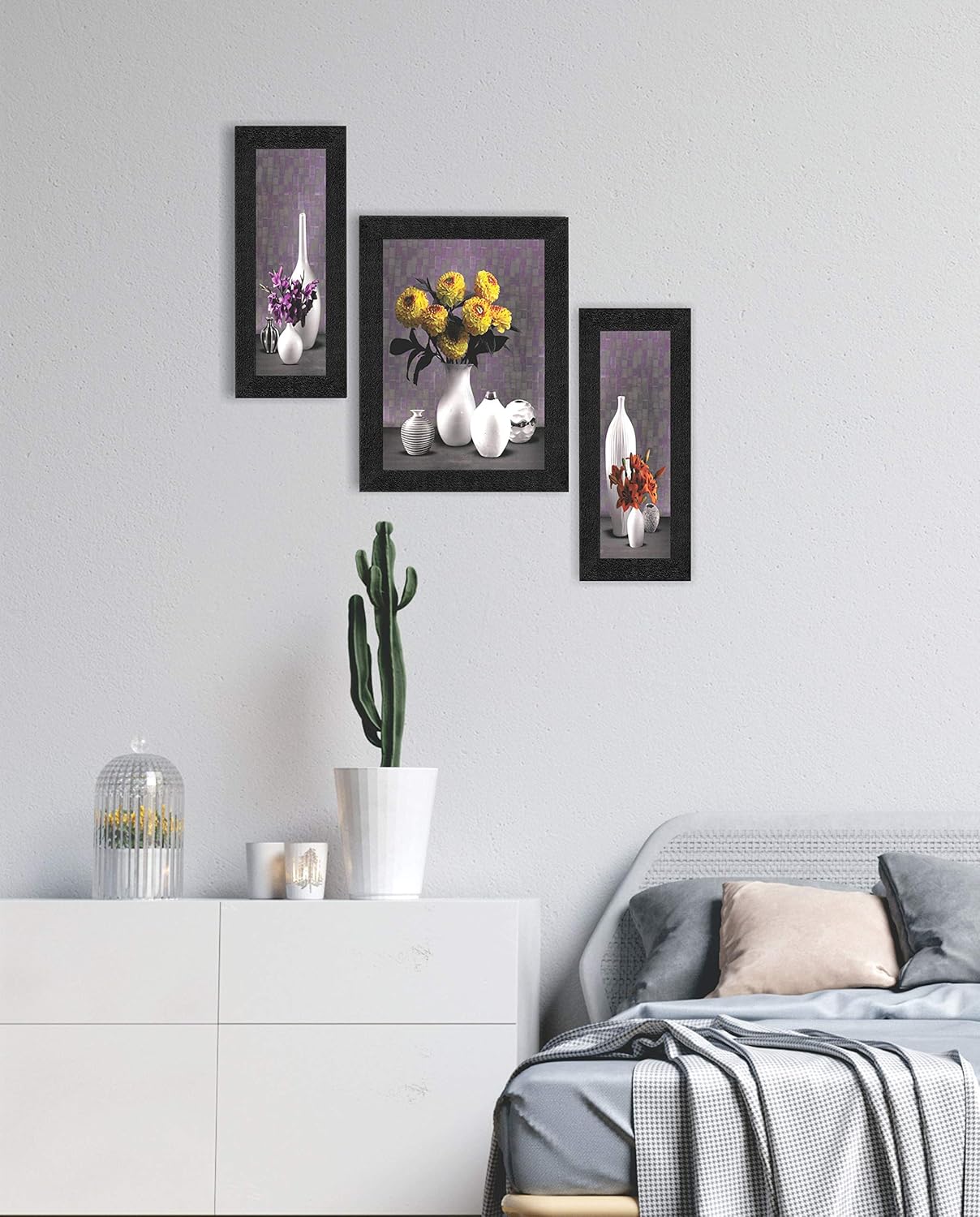 SAF paintings Set of 3 Flower Floral Pot UV Coated Home Decorative Gift Item Framed Painting 13.5 inch X 22 inch SANFSA7478