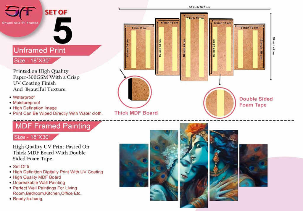 SAF Radha krishna Paintings for Wall Decoration - Set Of Five, 3d modern art Painting for Living Room Large Size with Frames for Home Decoration, Hotel, Office 76.2 cm x 45 cm SANFPNLS35469