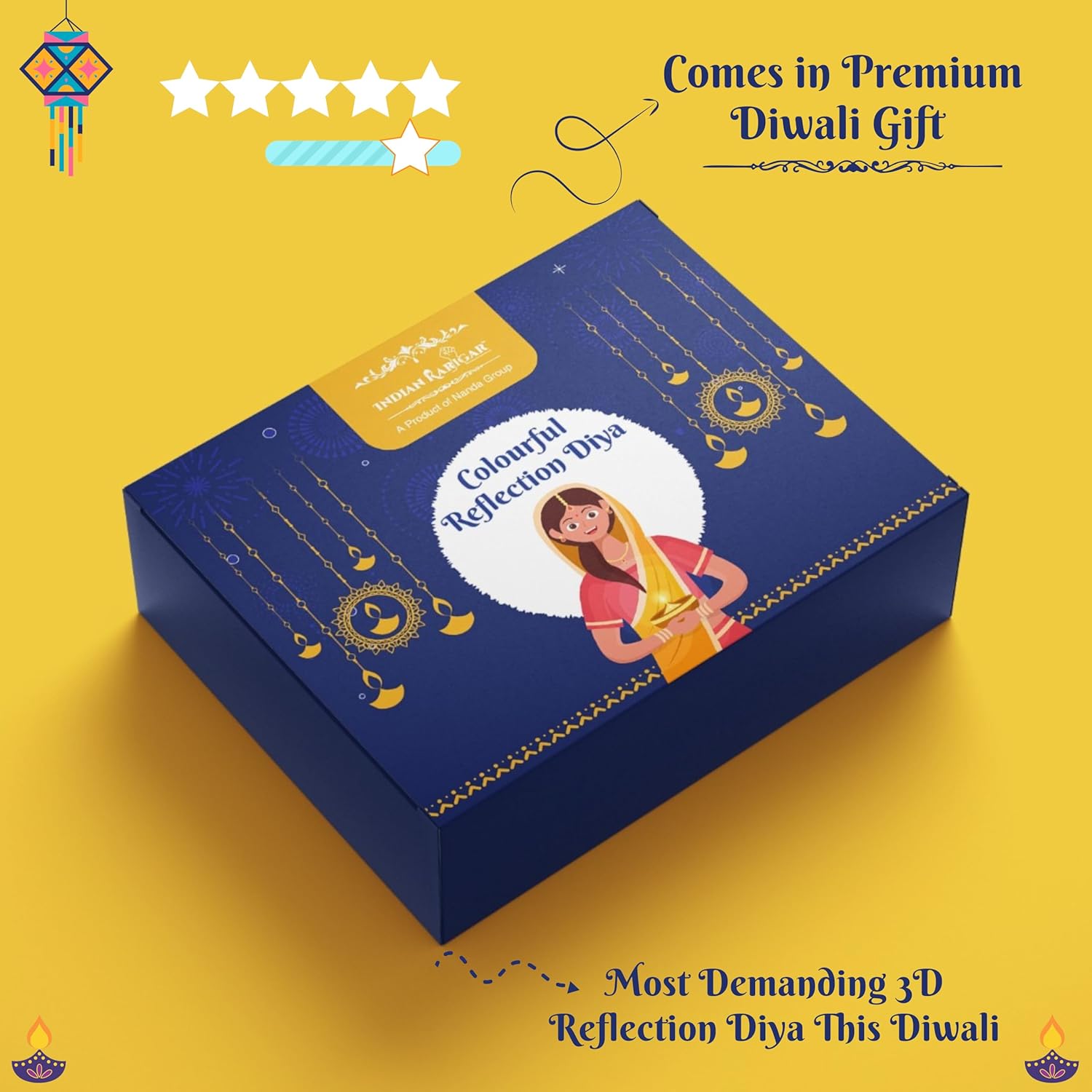 Indian Karigar 12pcs Diwali Diyas Colourful 3d Reflection Diya For Diwali Decor Sun Shape Shadow Reflective Diyas For Diwali Decoration Items For Home Decor Reusable Navratri Diwali Lights Multicolour