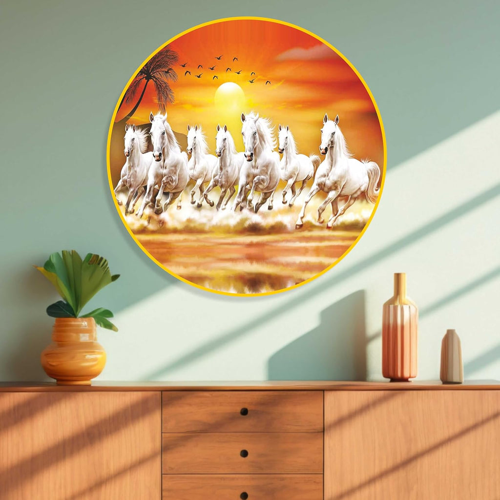 SAF Paintings 7 Running Horses Modern Art Premium Sparkle Lamination Golden Slim Frame 58 cm x 58 cm Large Size, for Home/Office/Hotel Painting GR-173