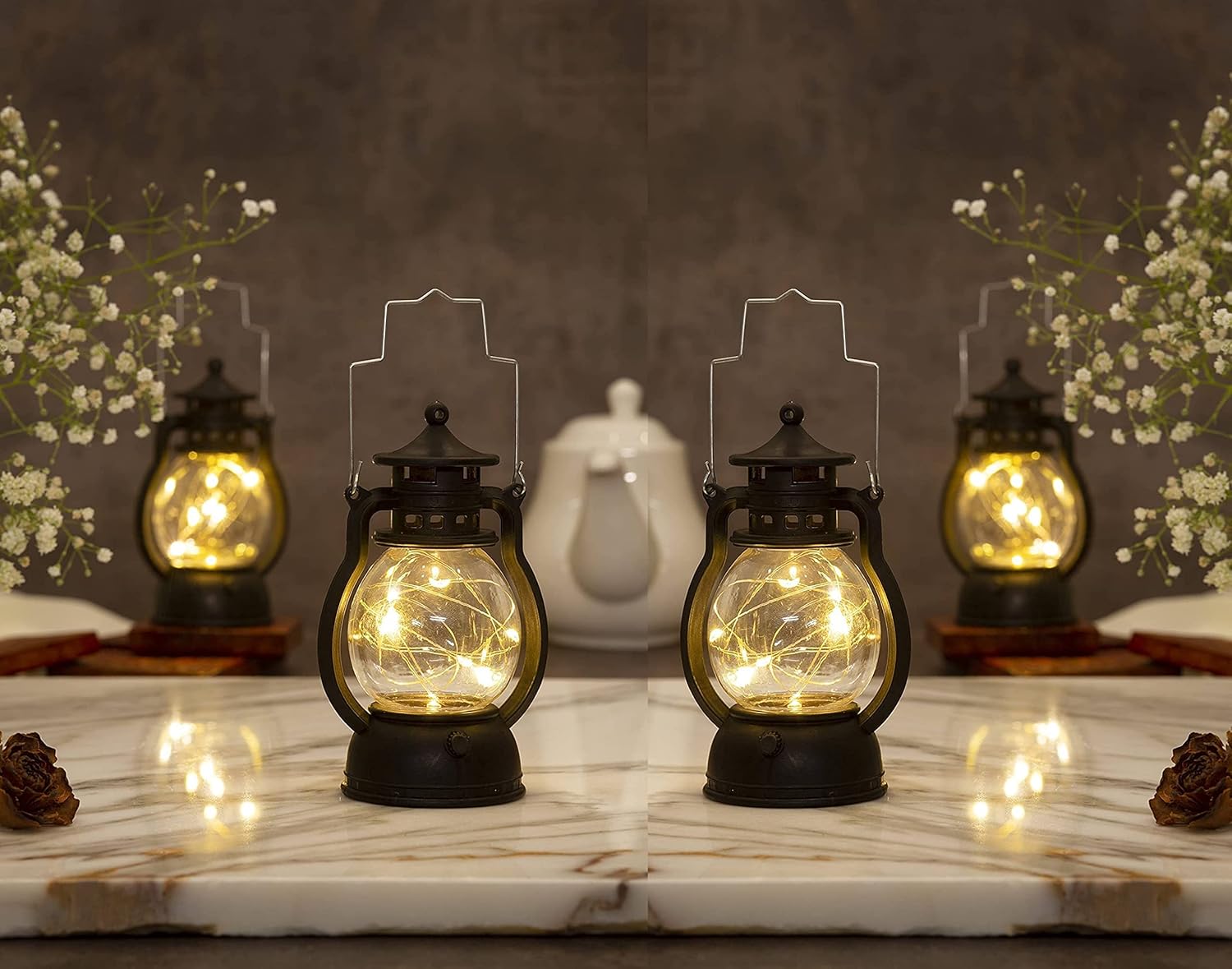 SATYAM KRAFT 4 Piece Acrylic Antique Lamp Hurricane Wall Hanging LED String Light Holders Perfect for Home Decor, Diwali Decor, Gifts, Bedrooms, and Living Rooms (Yellow)