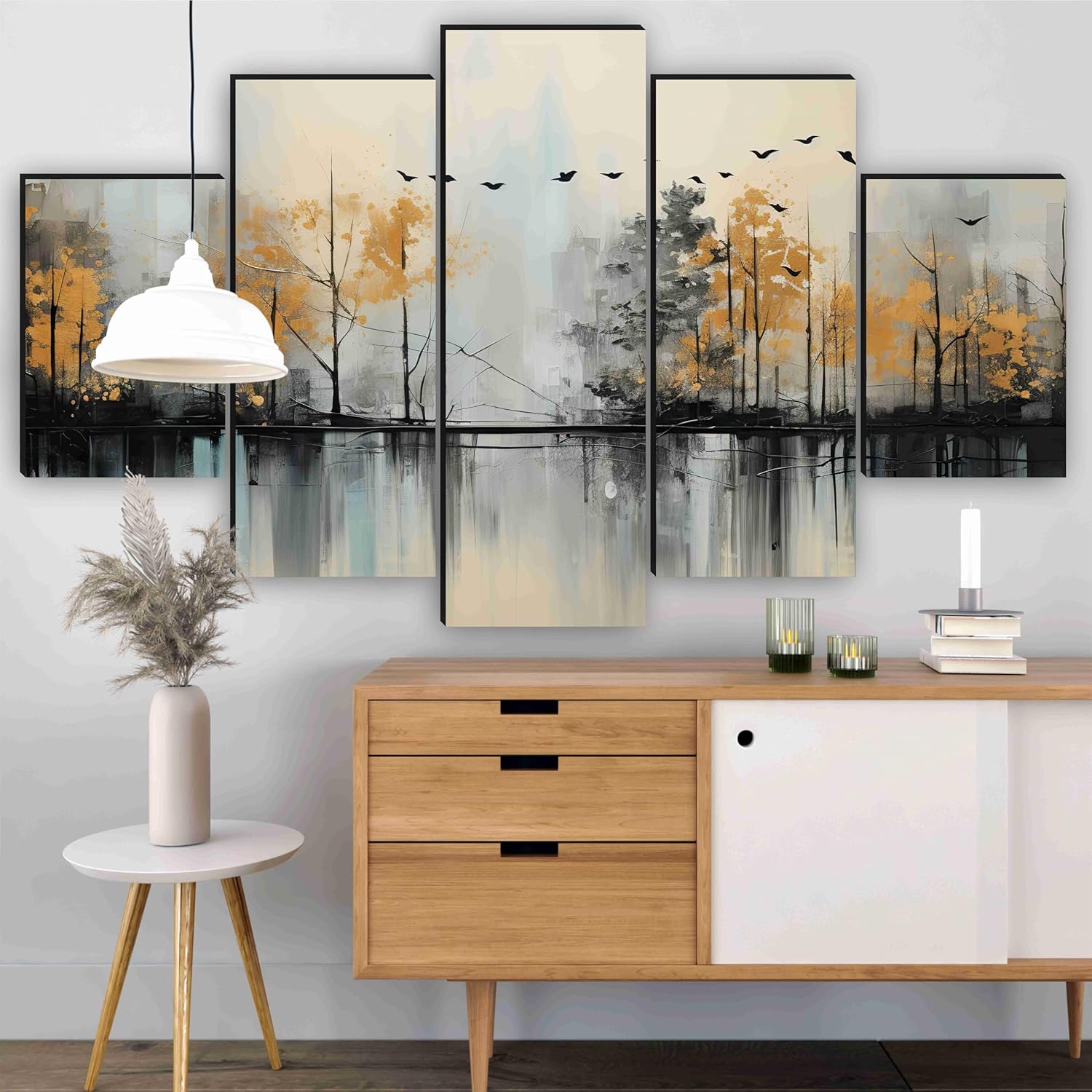 SAF Nature Paintings for Wall Decoration - Set Of Five, 3d Scenery Vastu Painting for Living Room Large Size with Frames for Home Decoration, Hotel, Office 76.2 cm x 45 cm SANFPNLS35475