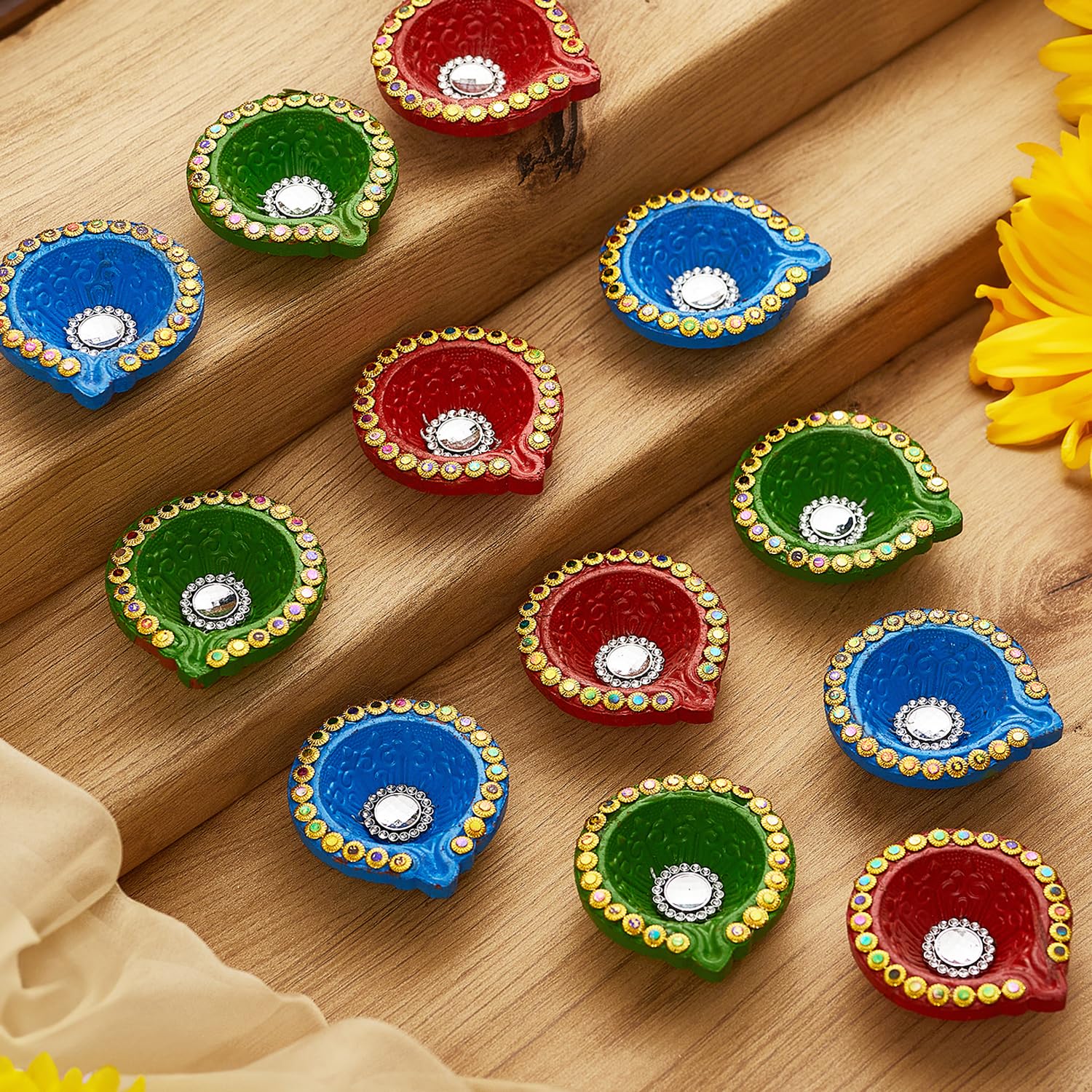 TIED RIBBONS Set of 18 Handmade Clay Diwali Diyas Earthen Oil Lamp Large Diwali Diya for Diwali Decoration Home Puja Office Pooja Room Mandir Temple Table Dipawali Decor Items (Multi, 6 cm x 2 cm)