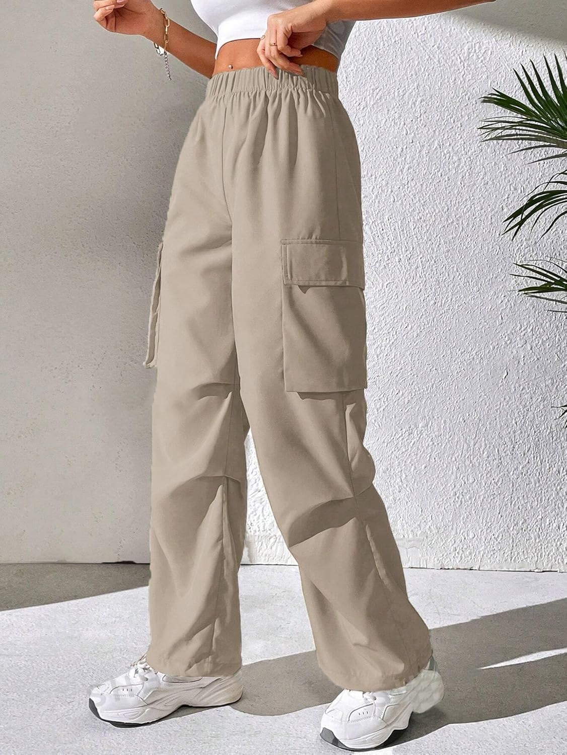 GRECIILOOKS Cotton Solid Side Pockets Parachute Cargo Baggy Pant for Women