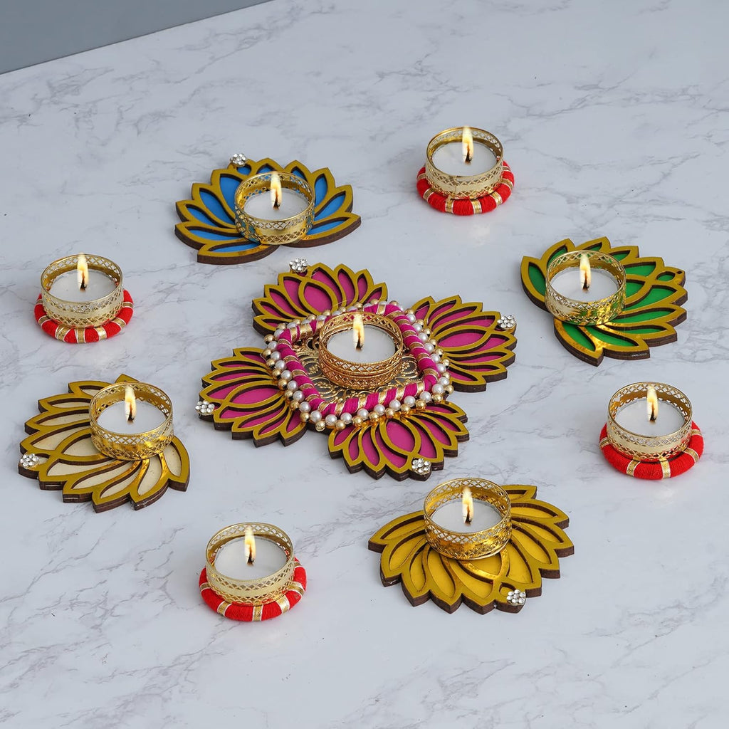 Sanvatsar Home Decorative Lotus Rangoli & Lotus Diya Set | Corporate Gift, Diwali Gift, Diya for puja Home Decoration Light Diya, Christmas Candle, Lighting, New Year Candle Set of 9.
