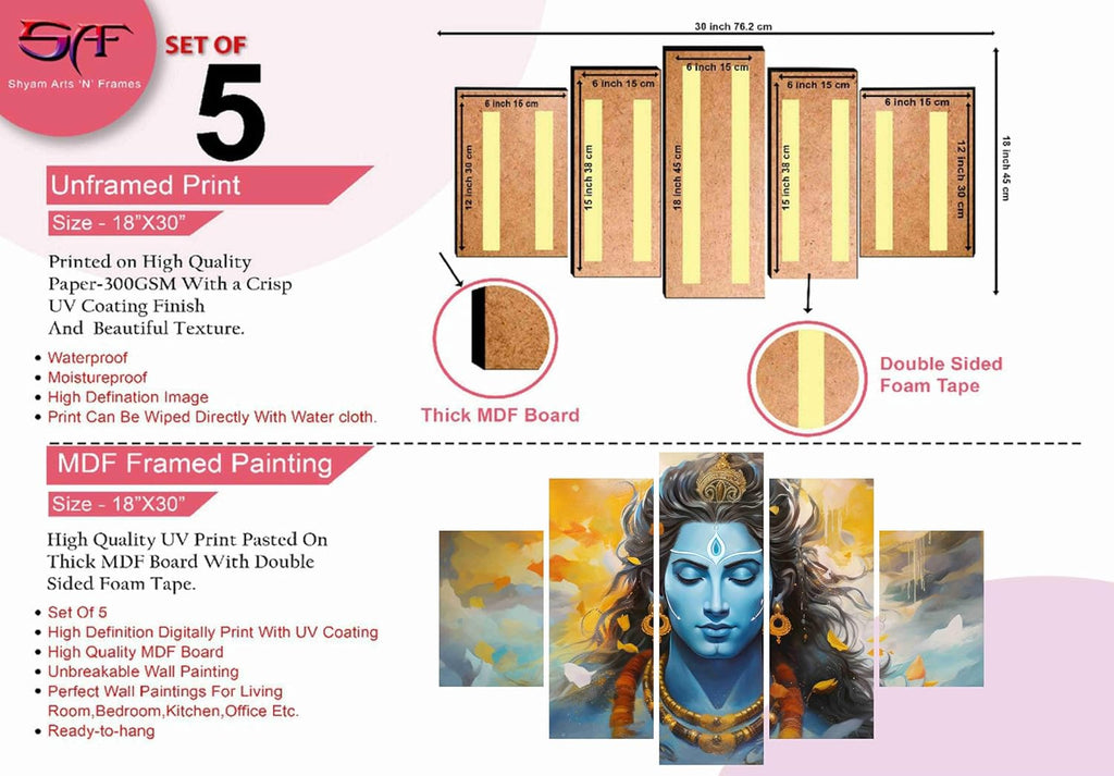SAF Shiva Paintings For Wall Decoration - Set Of Five, 3D Modern Art Painting For Living Room Large Size With Frames For Home Decoration, Hotel, Office 76.2 Cm X 45 Cm Sanfpnls35477, Engineered Wood