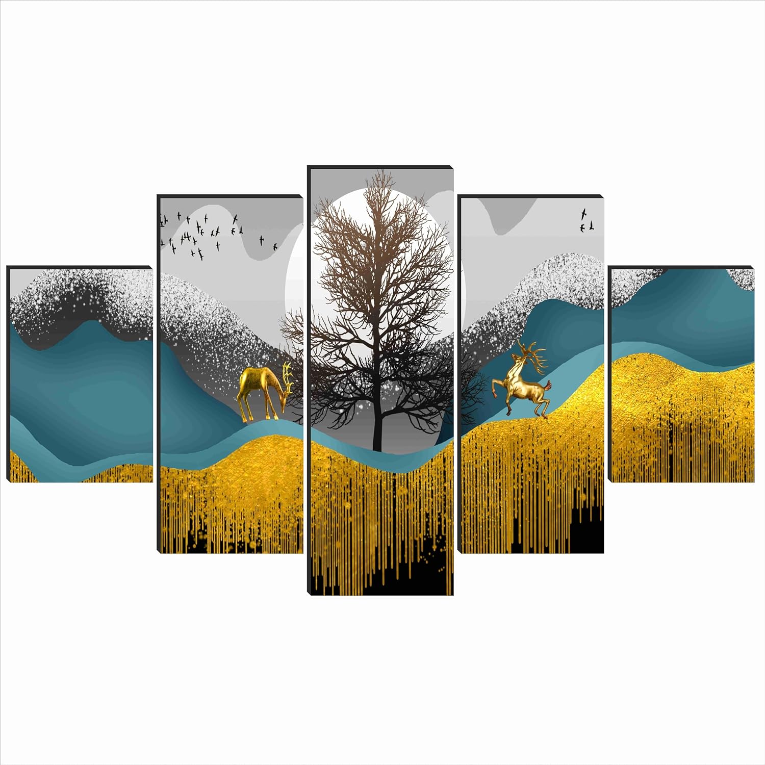SAF Deer Paintings for Wall Decoration - Set Of Five, 3d Scenery Vastu Painting for Living Room Large Size with Frames for Home Decoration, Hotel, Office 76.2 cm x 45 cm SANFPNLS35462