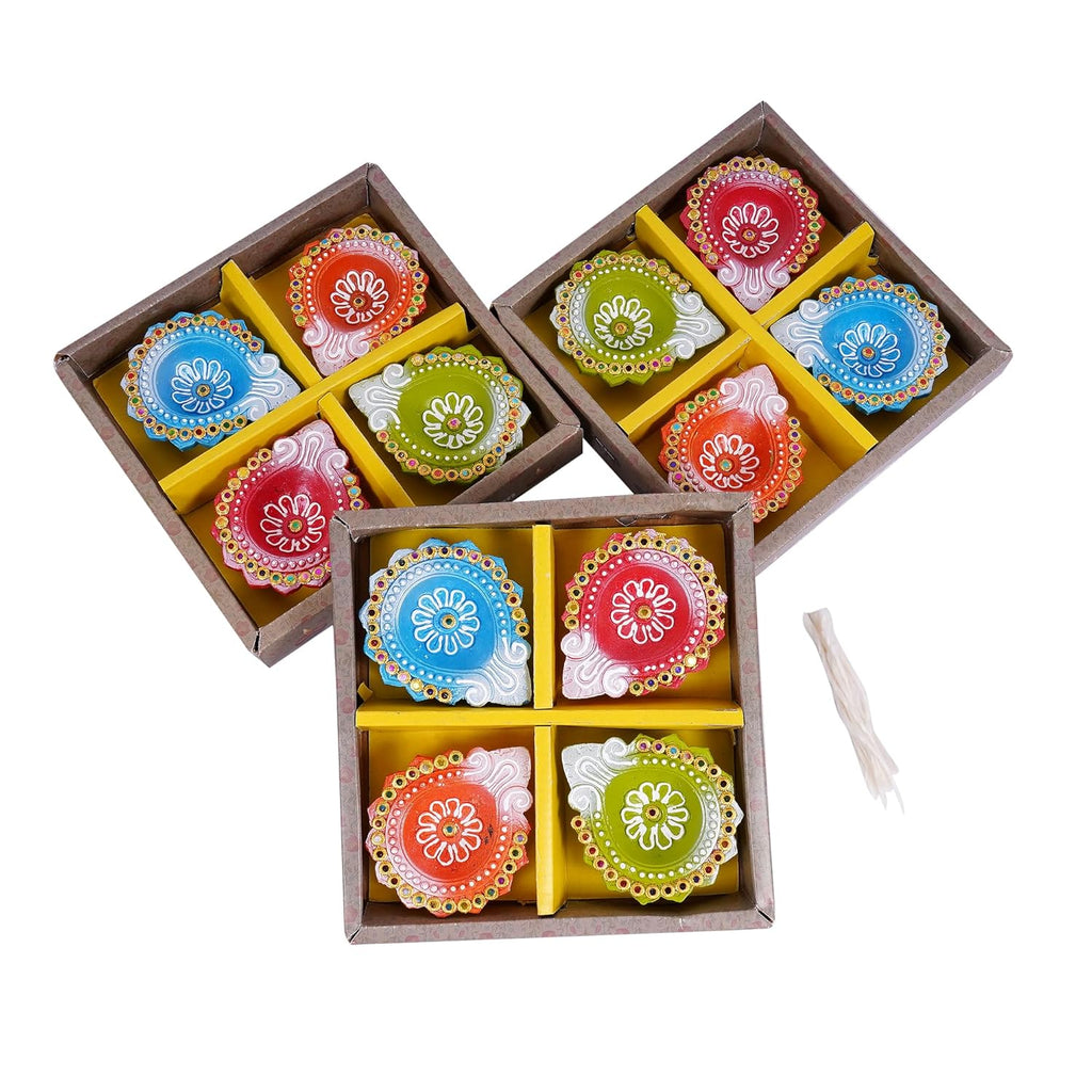 TIED RIBBONS Pack of 12 Diwali Diya Set - Large Size Clay Terracotta Diwali Diya Set Earthen Oil Ghee Diyas for Diwali - Diwali Decoration Items for Home Decor (Multicolor, 7.8 cm x 2.5 cm)