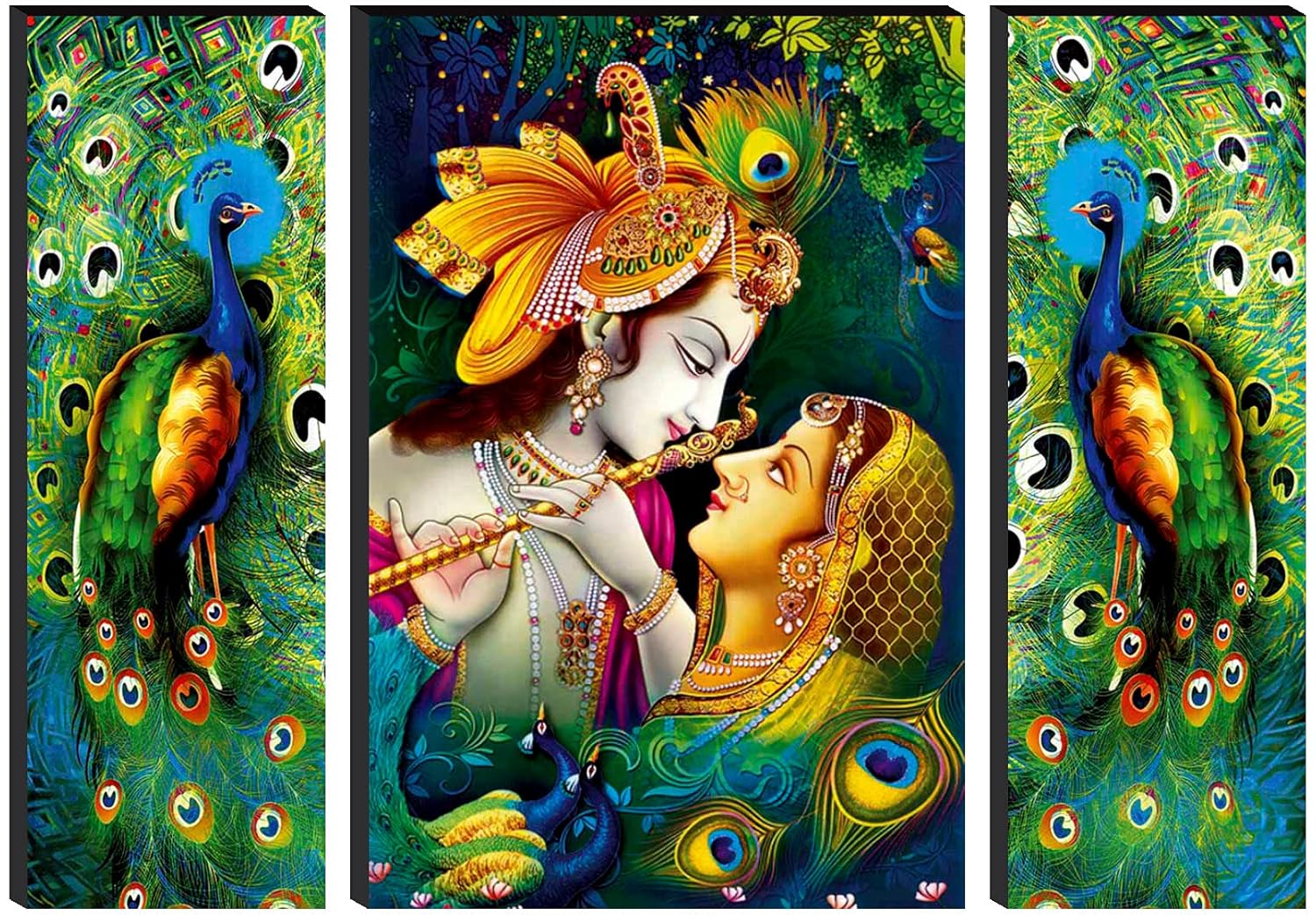 SAF Set of 3 Religious Radhe Krishna with Couple Peacock UV Textured Home Decorative Gift Item Self Adeshive Painting 18 Inch X 12 Inch SANFJM01, Multicolour
