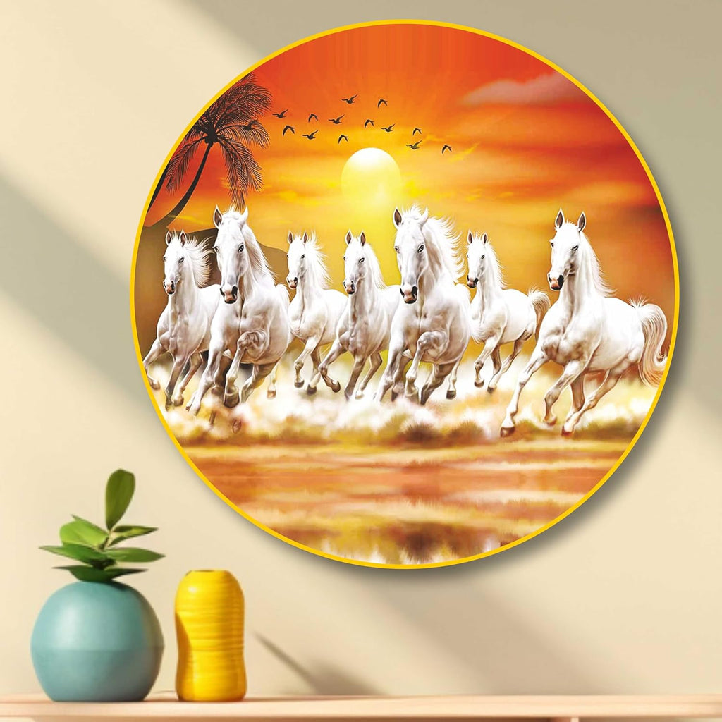 SAF Paintings 7 Running Horses Modern Art Premium Sparkle Lamination Golden Slim Frame 58 cm x 58 cm Large Size, for Home/Office/Hotel Painting GR-173