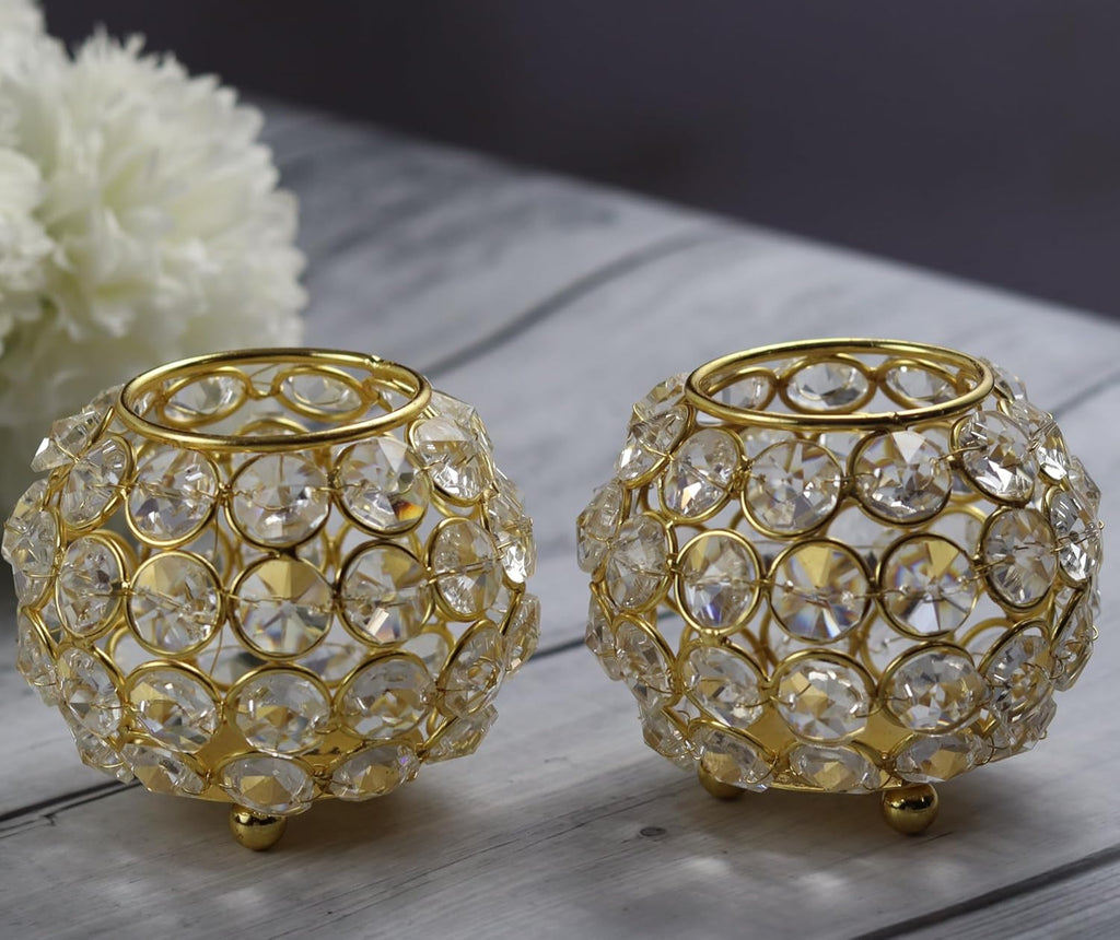 CentraLit Decoartive Tea Light Crsytal Candle Holder - Pooja Diya Decoration Items Home Diwali Brass Puja Item - Diwali Gift Lantern (Pack of 2)