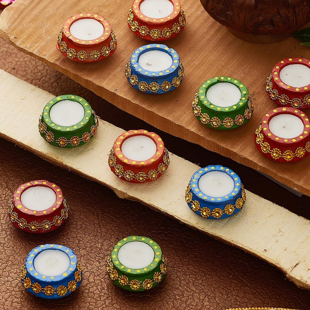 TIED RIBBONS Set of 12 Handmade Clay Wax Filled Diyas Earthen Diya (Multi, 5.3 cm x 2.5 cm) for Diwali Decoration Home Puja Pooja Room Office Mandir Temple Table - Diwali Décor