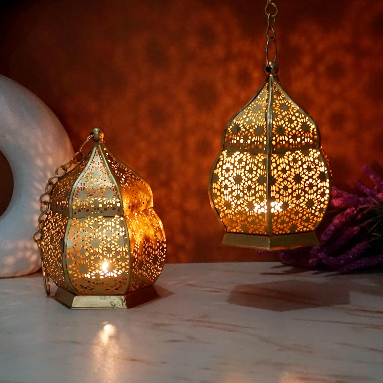 Purestory Lanterns for Home Decor | Lantern for Candle | Antique Metal Lantern and Hanging Tealight Holder for Home Decor Items | Lantern for Diwali | Gold Moroccan Hanging Lantern | Size 6 Inches