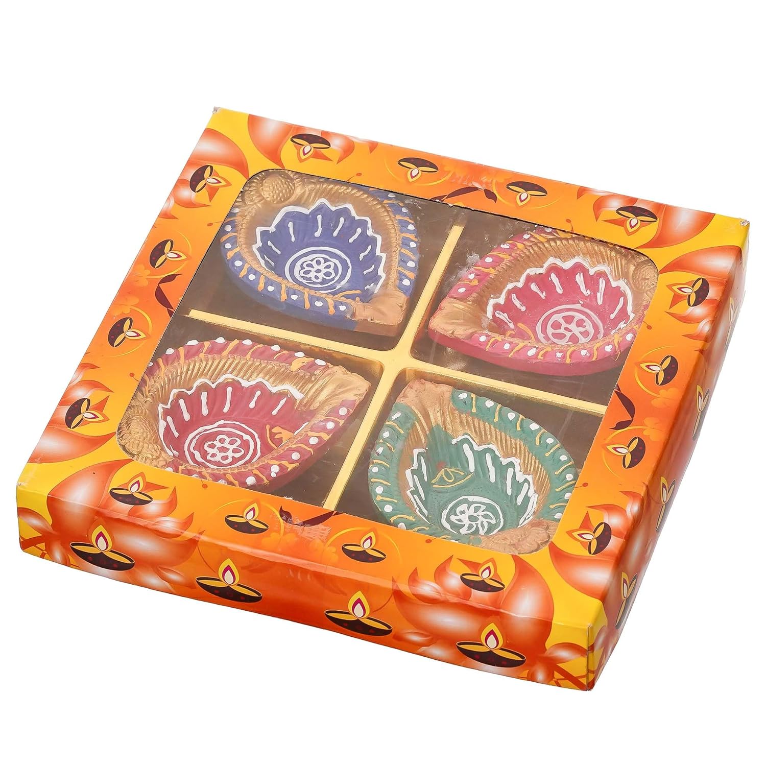 eCraftIndia Set of 4 Multicolor Decorative Clay Diyas Terracotta Deepam Oil Lamps, Mitti Diya for Diwali, Lakshmi Puja, Navratri, Ganesh Chaturthi - Diwali Decoration Items for Home Decor