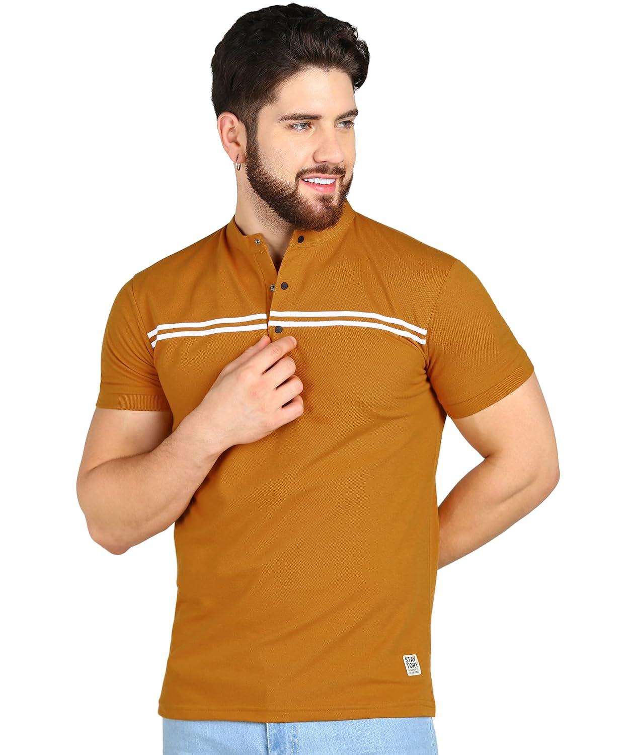 Alan Jones Clothing Men's Mandarin Collar Solid Polo Slim Fit T-Shirt-1