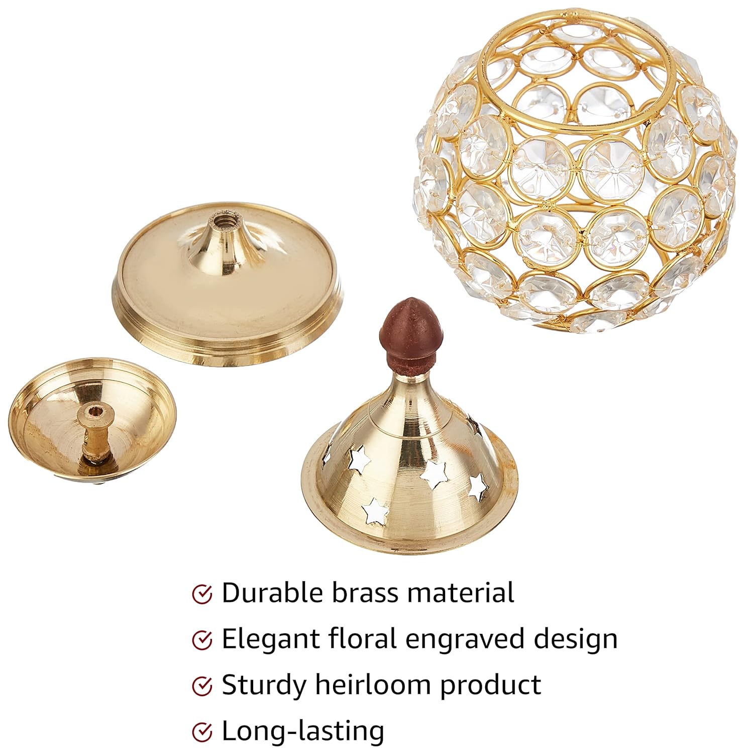 Amazon Brand - Solimo Akhand Diya/Oil Lamp for Puja, Home Décor and Diwali, Matki Shape, Brass-and-Crystal (Medium)