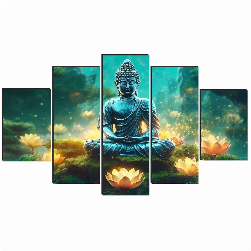 Saf Buddha Paintings For Wall Decoration - Set Of Five, 3D Modern Art Painting For Living Room Large Size With Frames For Home Decoration, Hotel, Office 76.2 Cm X 45 Cm Sanfpnls35452 - Engineered Wood