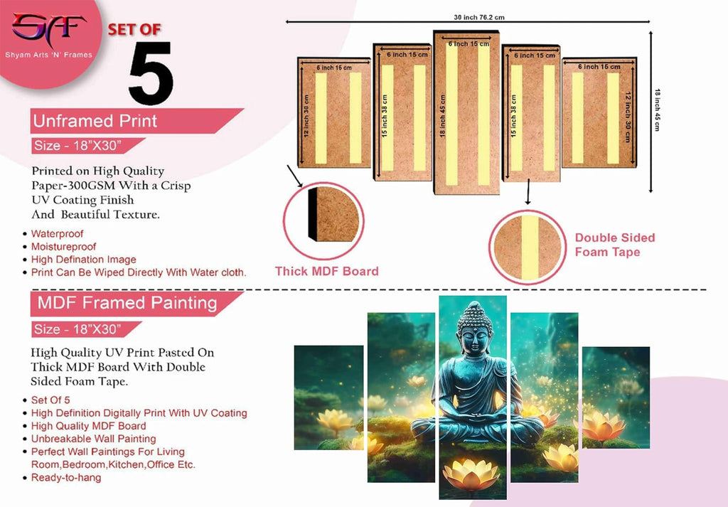 Saf Buddha Paintings For Wall Decoration - Set Of Five, 3D Modern Art Painting For Living Room Large Size With Frames For Home Decoration, Hotel, Office 76.2 Cm X 45 Cm Sanfpnls35452 - Engineered Wood