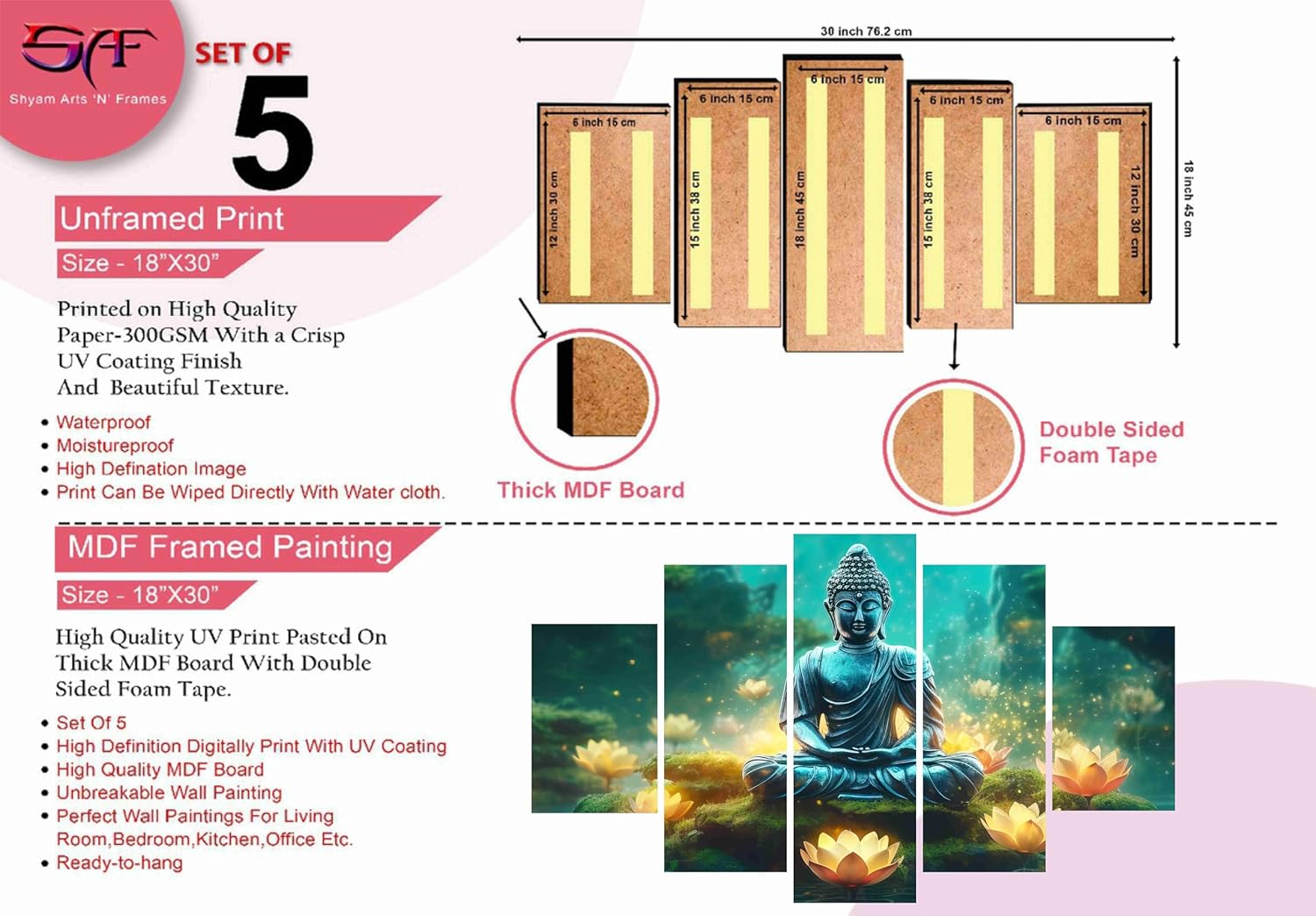 Saf Buddha Paintings For Wall Decoration - Set Of Five, 3D Modern Art Painting For Living Room Large Size With Frames For Home Decoration, Hotel, Office 76.2 Cm X 45 Cm Sanfpnls35452 - Engineered Wood