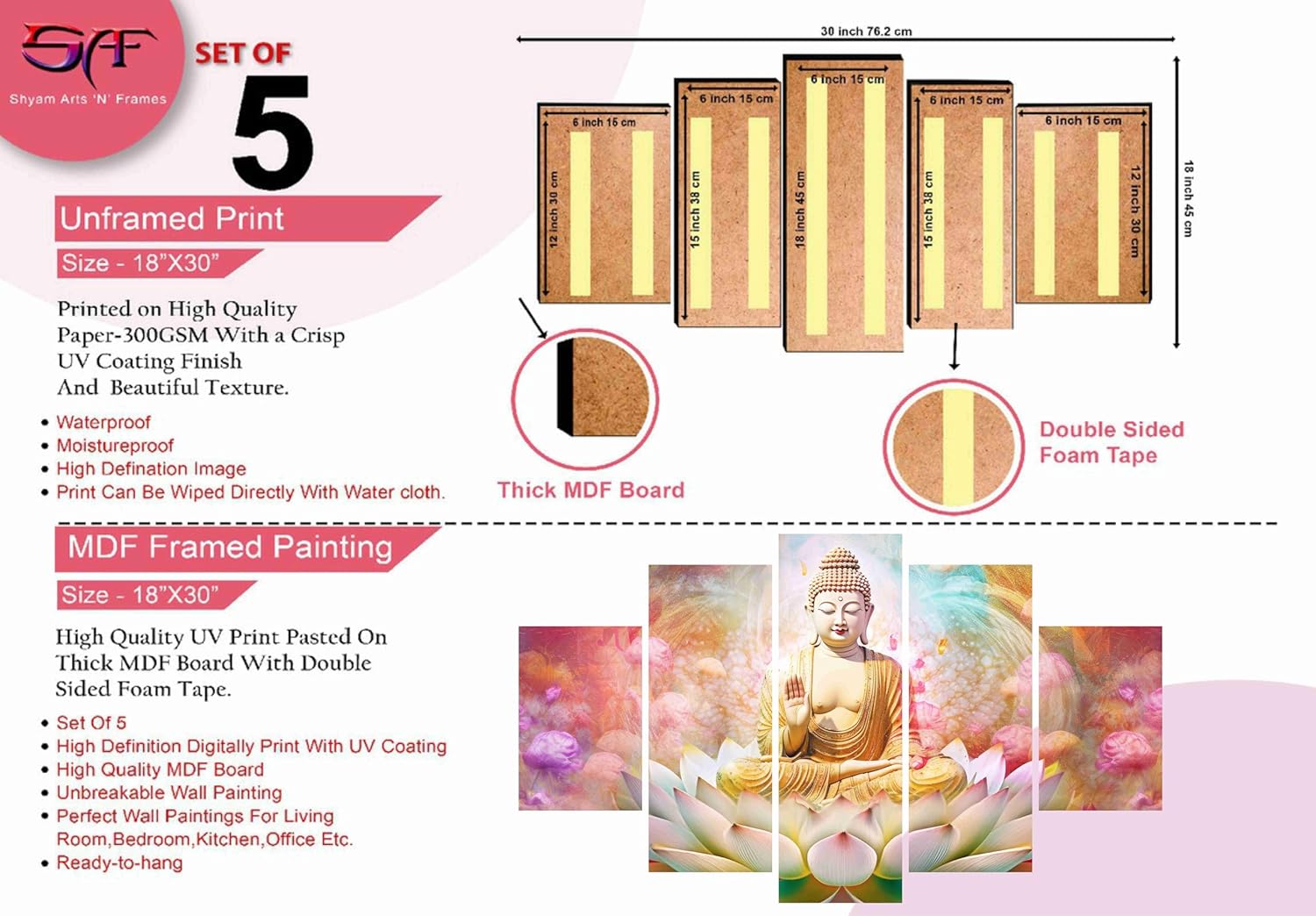 SAF Buddha Paintings for Wall Decoration - Set Of Five, 3d modern art Painting for Living Room Large Size with Frames for Home Decoration, Hotel, Office 76.2 cm x 45 cm SANFPNLS35479