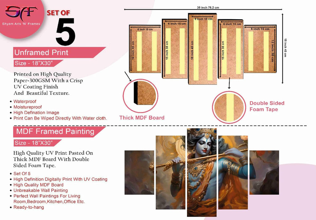 SAF krishna Paintings for Wall Decoration - Set Of Five, 3d modern art Painting for Living Room Large Size with Frames for Home Decoration, Hotel, Office 76.2 cm x 45 cm SANFPNLS35473