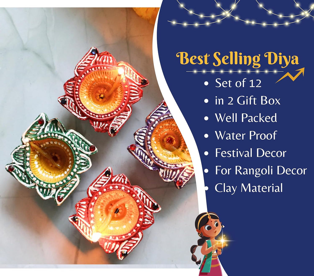 Indian Karigar 12 Diya for Diwali Diyas for Diwali Festival Terracotta Decorative Diyas for Diwali Decoration Items for Home Decor Diwali Diya Light Diwali Gifts for Family (Diwali Decoration Items)