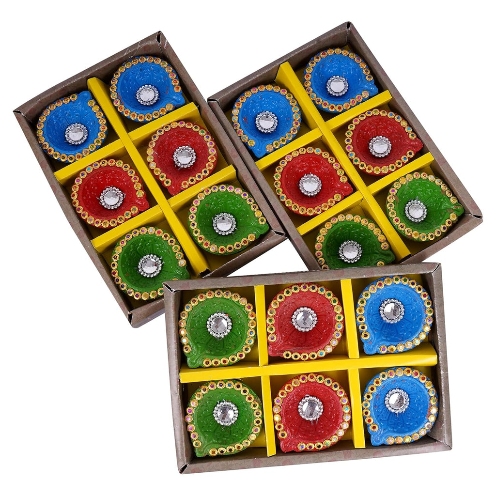TIED RIBBONS Set of 18 Handmade Clay Diwali Diyas Earthen Oil Lamp Large Diwali Diya for Diwali Decoration Home Puja Office Pooja Room Mandir Temple Table Dipawali Decor Items (Multi, 6 cm x 2 cm)
